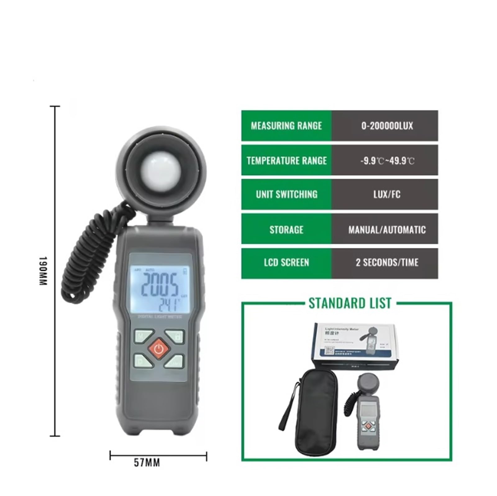 Medidor de luz, Mini fotómetro Digital 199.900 Lux / 19.999 FC Iluminómetro Fotómetro
