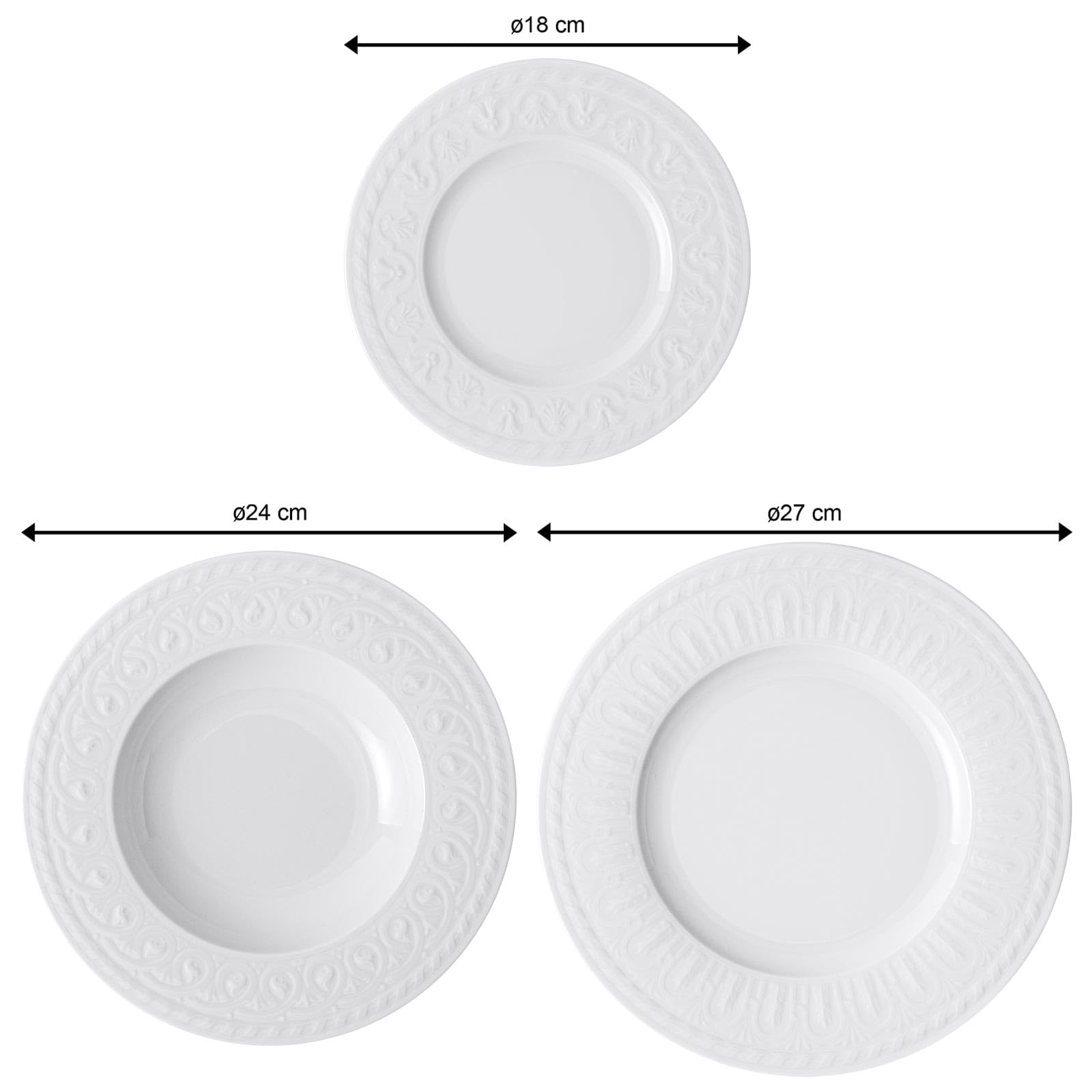 Villeroy & Boch Cellini Teller-Set 18-teilig, jeweils 6 Speiseteller Brotteller und Suppenteller, Traditionelles Kombiservice mit Relief-Verzierungen, Premium Porzellan, Weiß