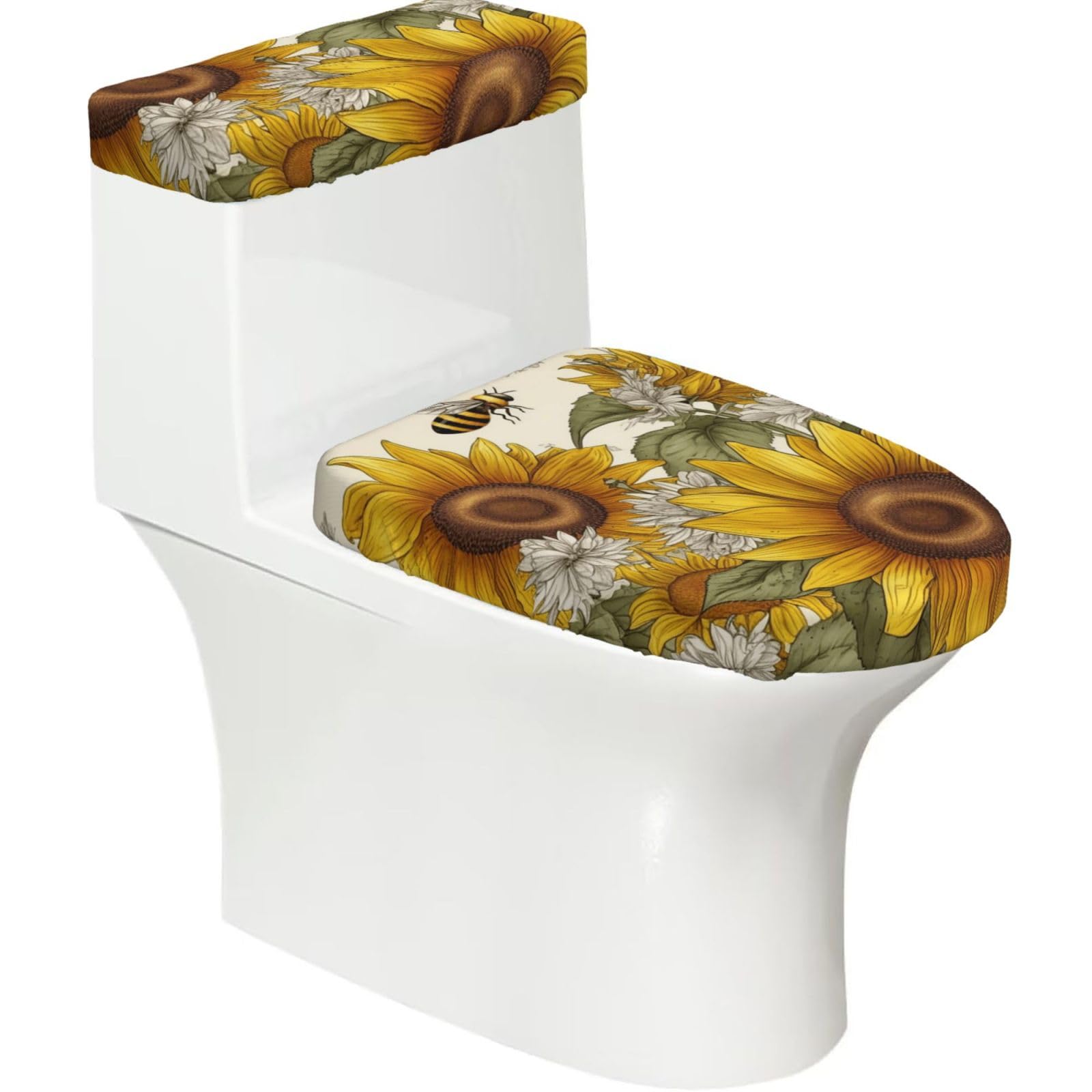 Fodpand Black Bees Sunflowers Daisy Rose Flowers Toilet Lid Cover And Toilet Tank Cover Set, Washable Soft Toilet Seat Cover With Elastic Bottom, Universal Stylish Toilet Cover Set For Bathroom Decor Accessories