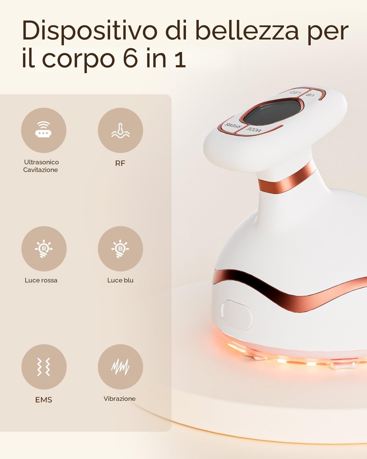 CARER BEAUTY 6 in 1 Macchina a Cavitazione Massaggiatore Anticellulite con Ultrasuoni RF EMS Luce Rossa e Blu Vibrazione