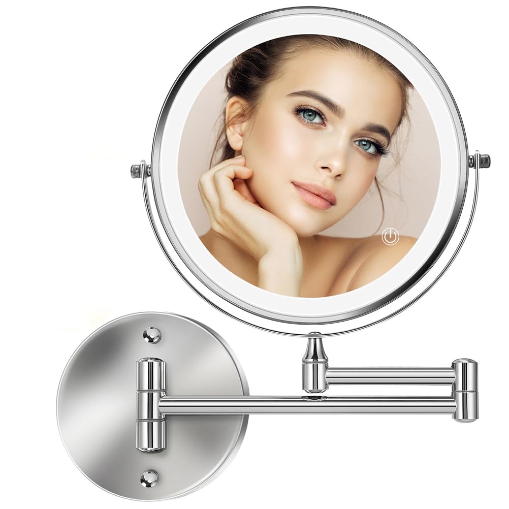 Miroir de maquillage avec lumières LED rechargeable USB et grossissement 1X/10X pour salle de bain