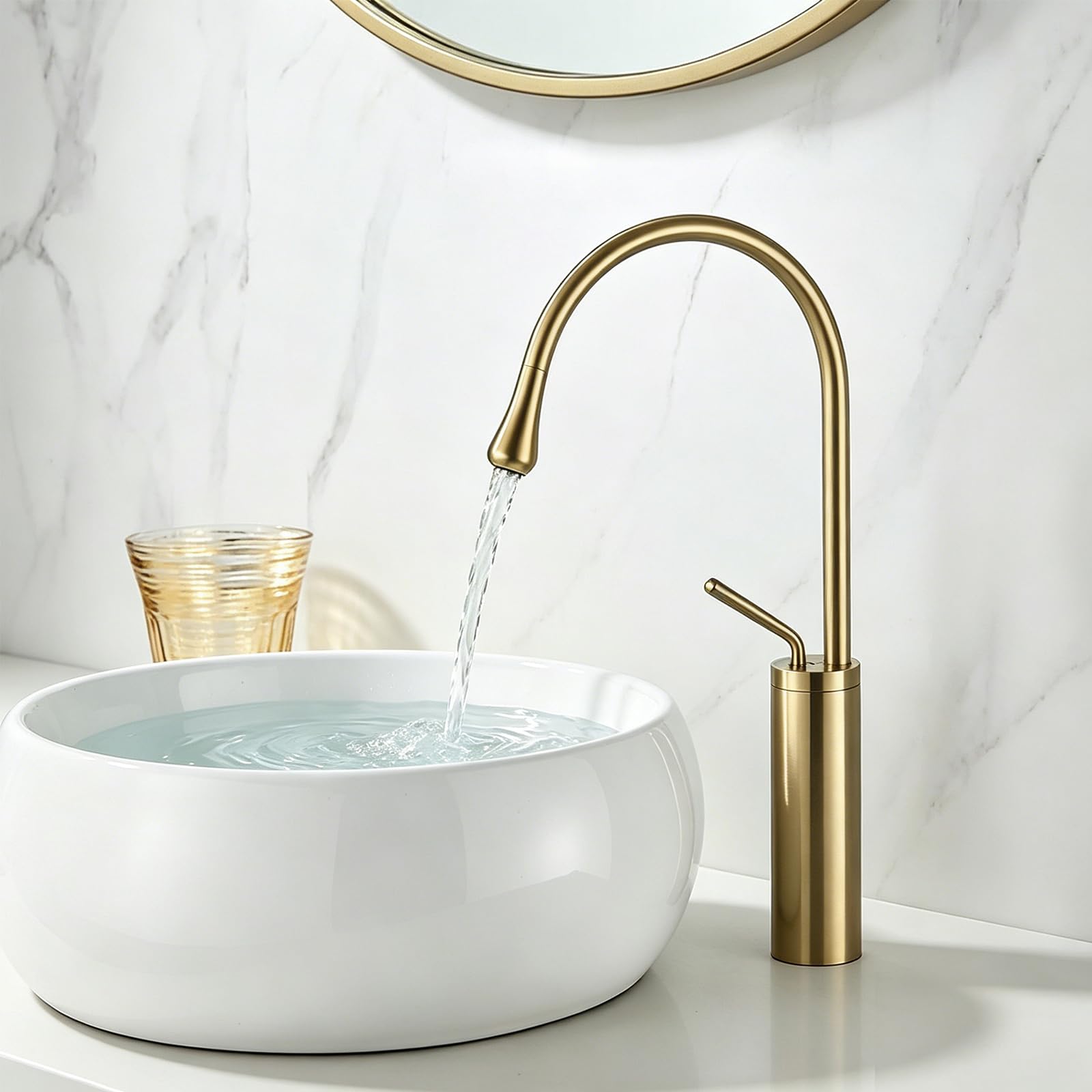 Wasserhahn Bad Waschtischarmatur Gebürstet Gold Einhandmischer Armatur Wasserhahn Waschbecken Einhebel Hochdruck Heiß und Kaltmischer Mischbatterie für Badezimmer Edelstahl