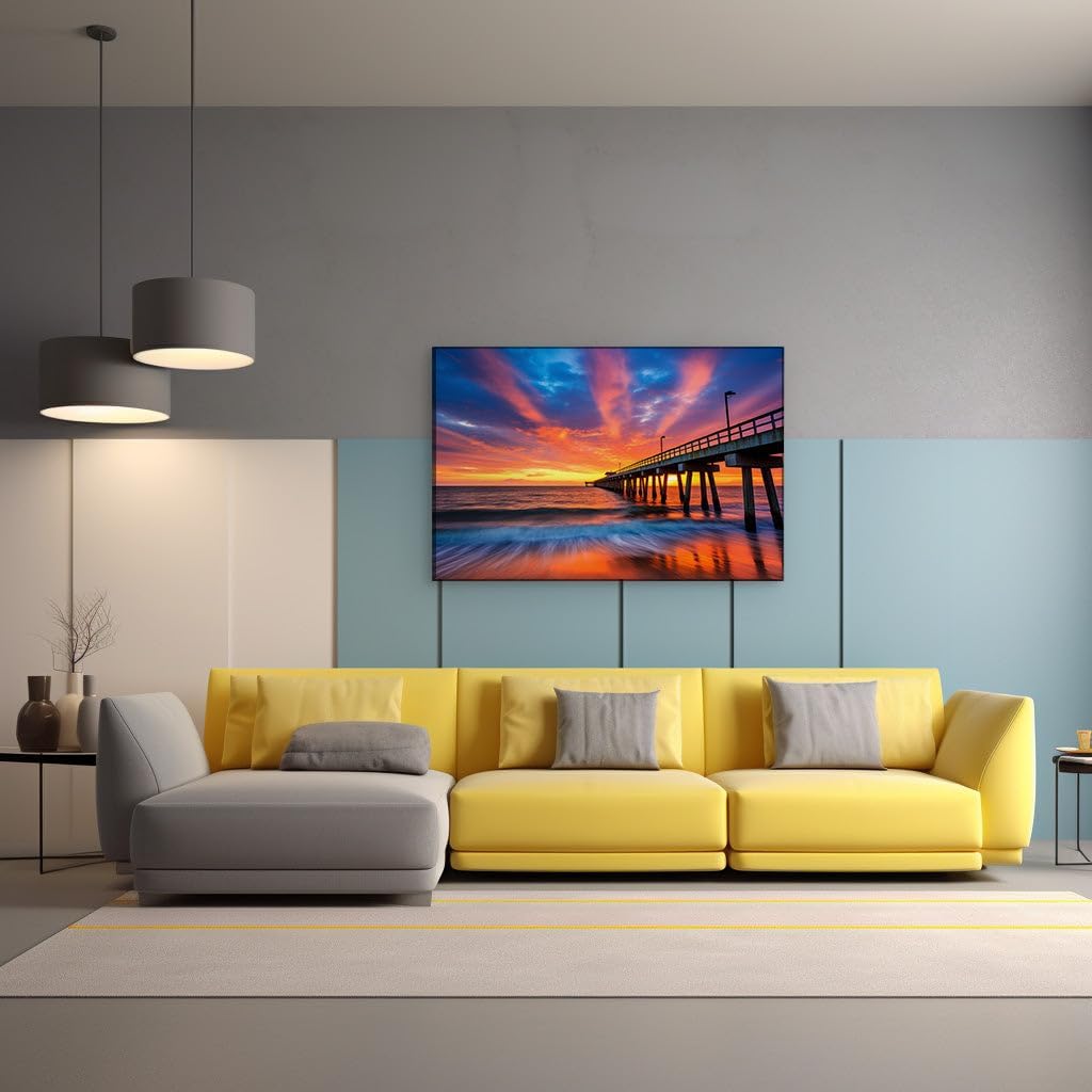 Canvas for Living room. Sunset Serenade: Embracing the Tranquil Beauty of a Pier at Dawn, 27 x 18 inch Canvas Wall Art - Contemporary Masterpieces - Modern Home Decor