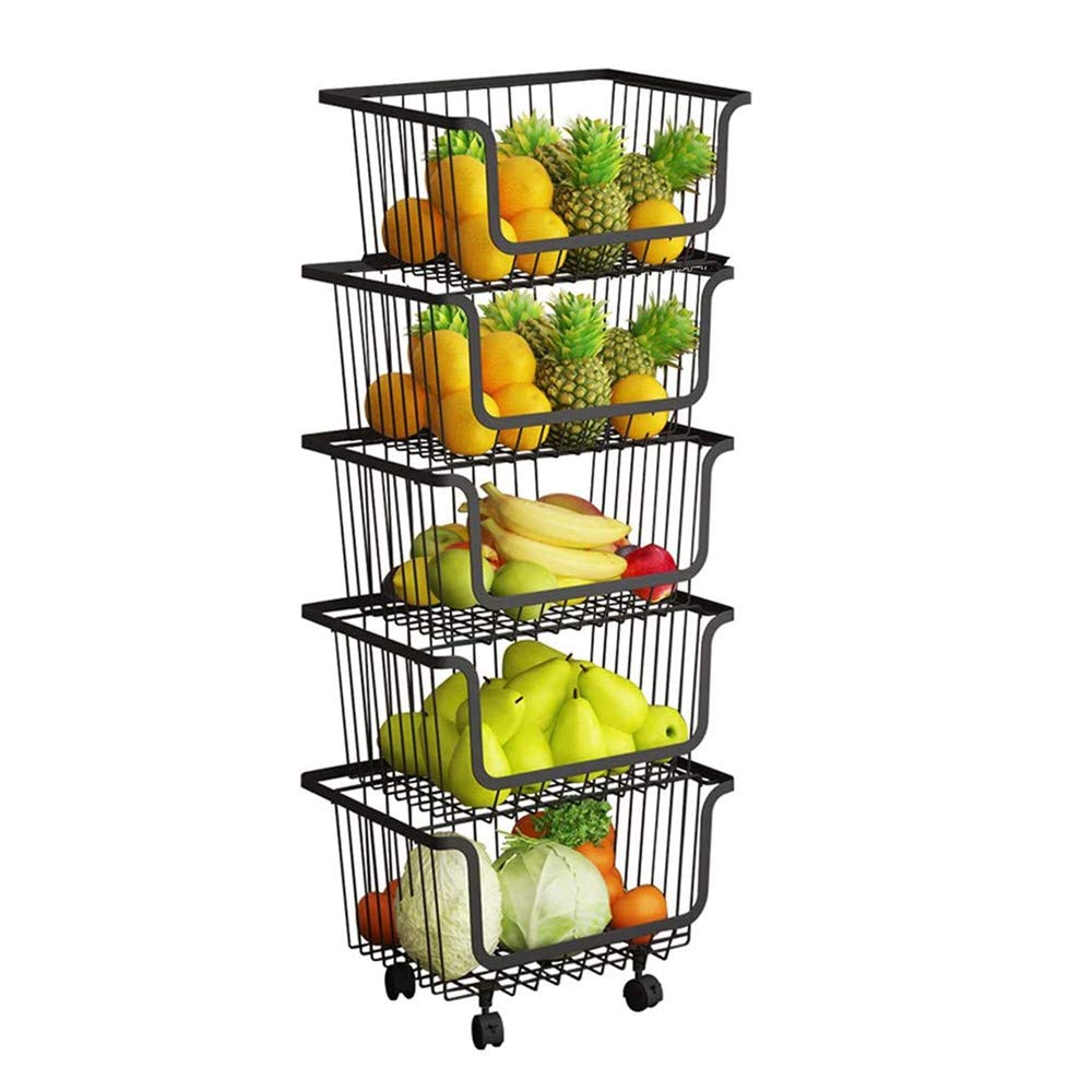 U-HOOME Rolling Stackable Baskets Storage Bins, 5-Tier Stainless Steel Metal Wire Organizer Kitchen Baskets Rack with Lockable Casters for Kitchen, Pantry, Bathroom,bedroom Garage- Black (5-Tier)
