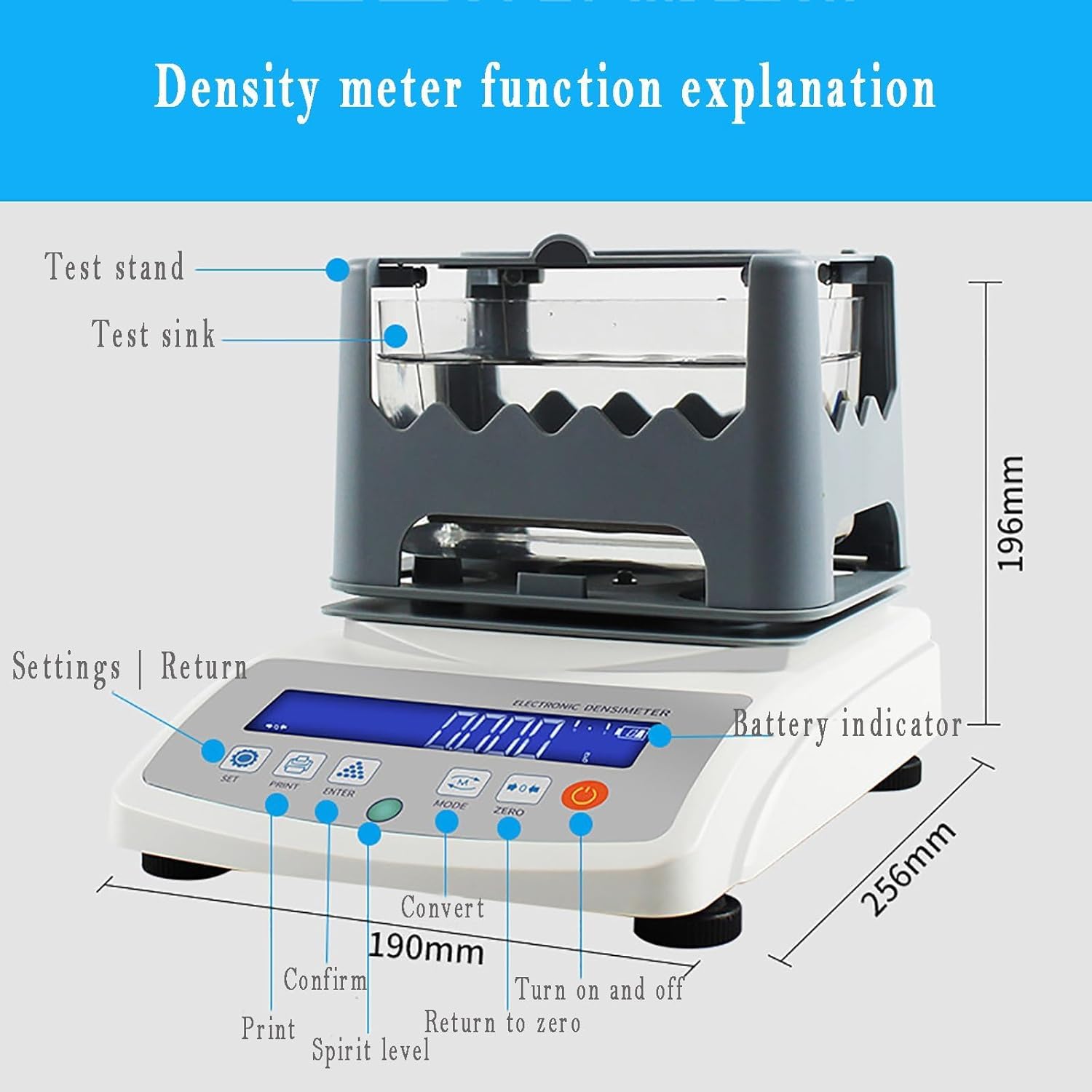 Densimètre électronique 0,001 g/cm3, hydromètre électronique multifonctionnel for solides/liquides, données imprimables, pesée maximale : 300 g, écran LCD, suivi automatique du zéro