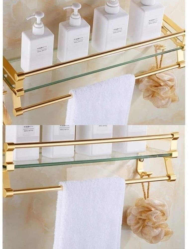 Mensola da bagno moderna in alluminio dorato con barra portasciugamani e barra a parete, in vetro temperato, per doccia (60 cm)