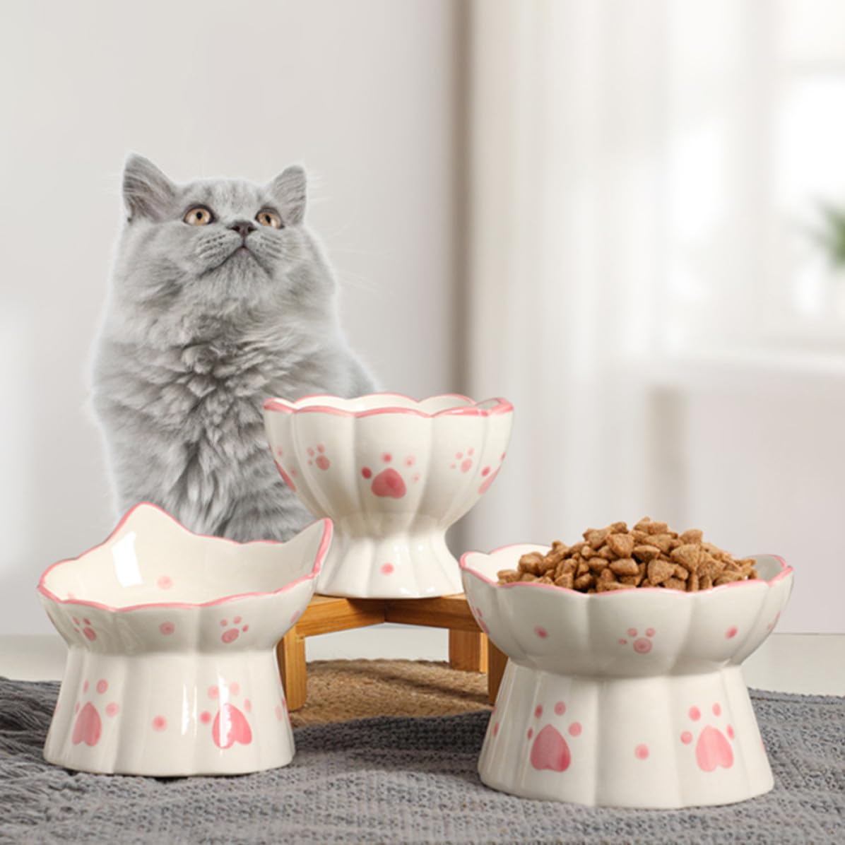 Toddmomy 2pièces Lot de Gamelles Céramique Surélevées pour Chat Mangeoire Anti-Renversement avec Protection Cervicale Bol Incliné pour Eau et Nourriture Design Antidérapant Facile