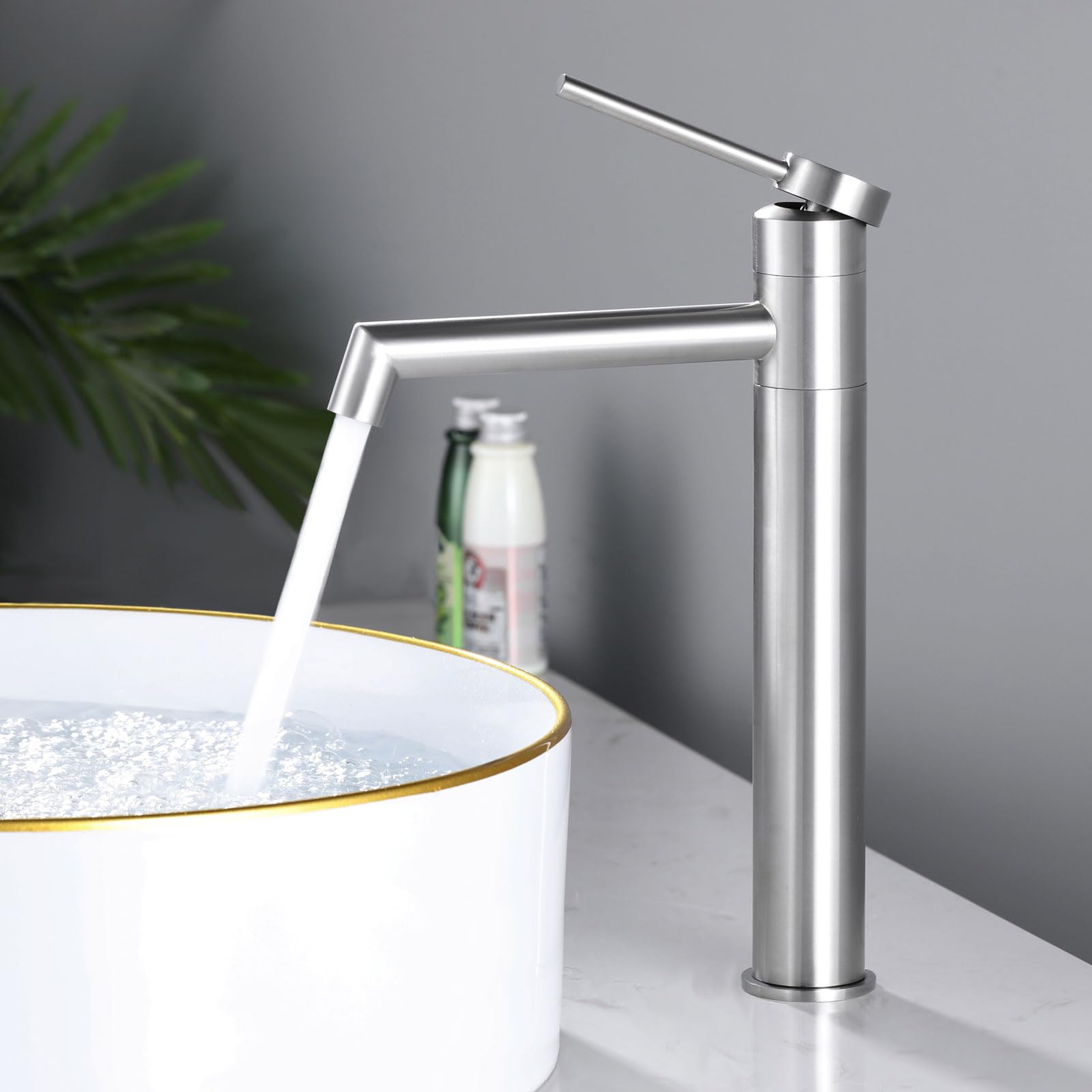 Robinet Lavabo Haut, Robinet Vasque Salle de Bain, Mitigeur Lavabo Rotatif 360°, Mitigeur pour Vasque, Brossé, 7M2OK-T