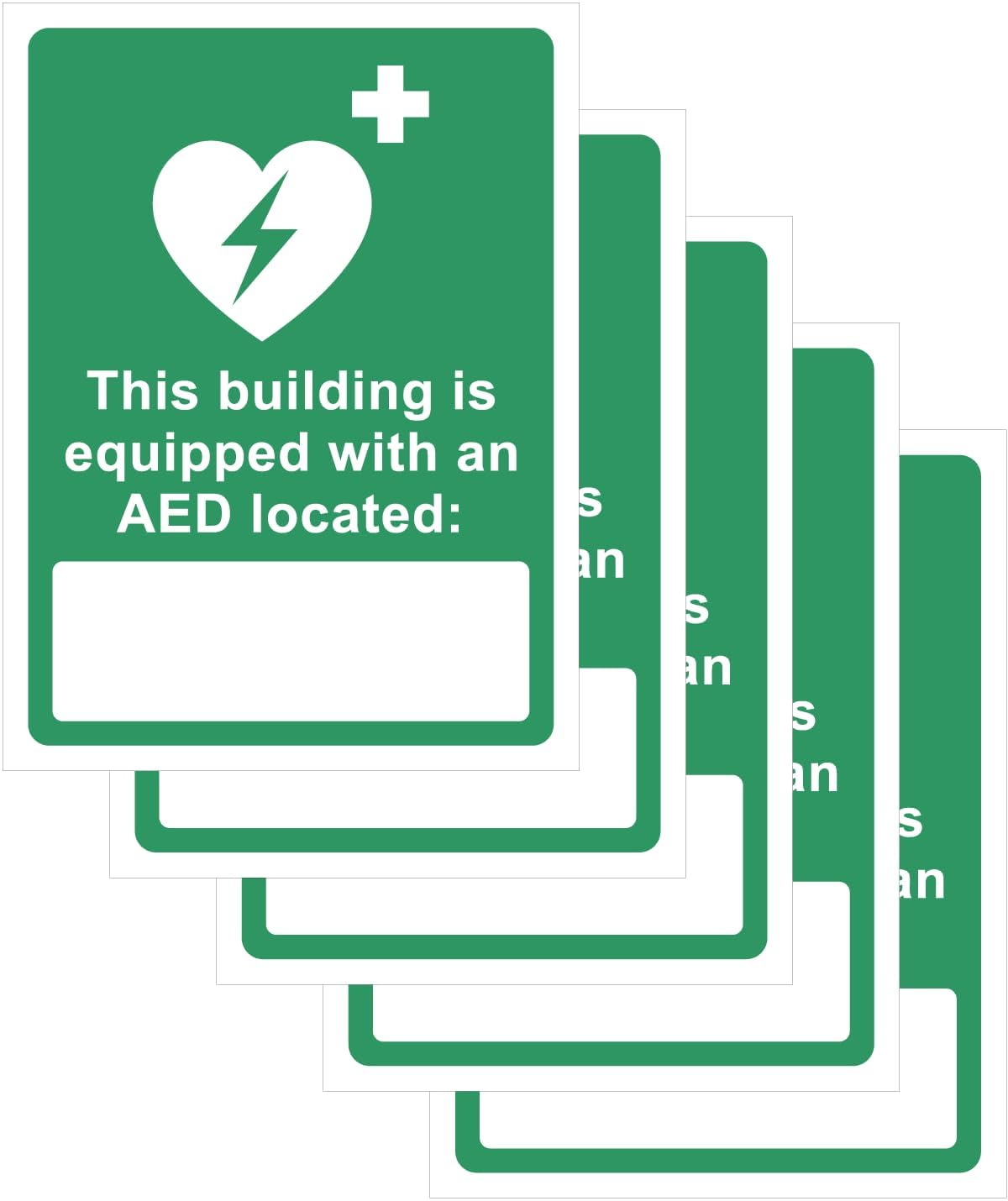 Pack of 5 - This Building is Equipped with an AED Located - 135mm x 180mm - Self-Adhesive Vinyl Signs