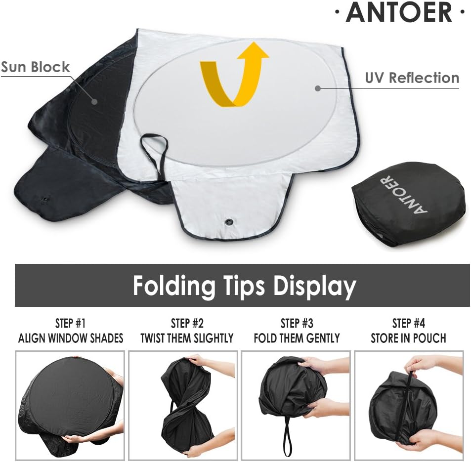 ANTOER Car Sun Shade Travel Pouch, Large Sizes Windshield Sun Shade With 2 Ears Block Out 99% UV Rays Heat & Snow Car SunShade Keep Automobile Cool Easy to use 63”x34”