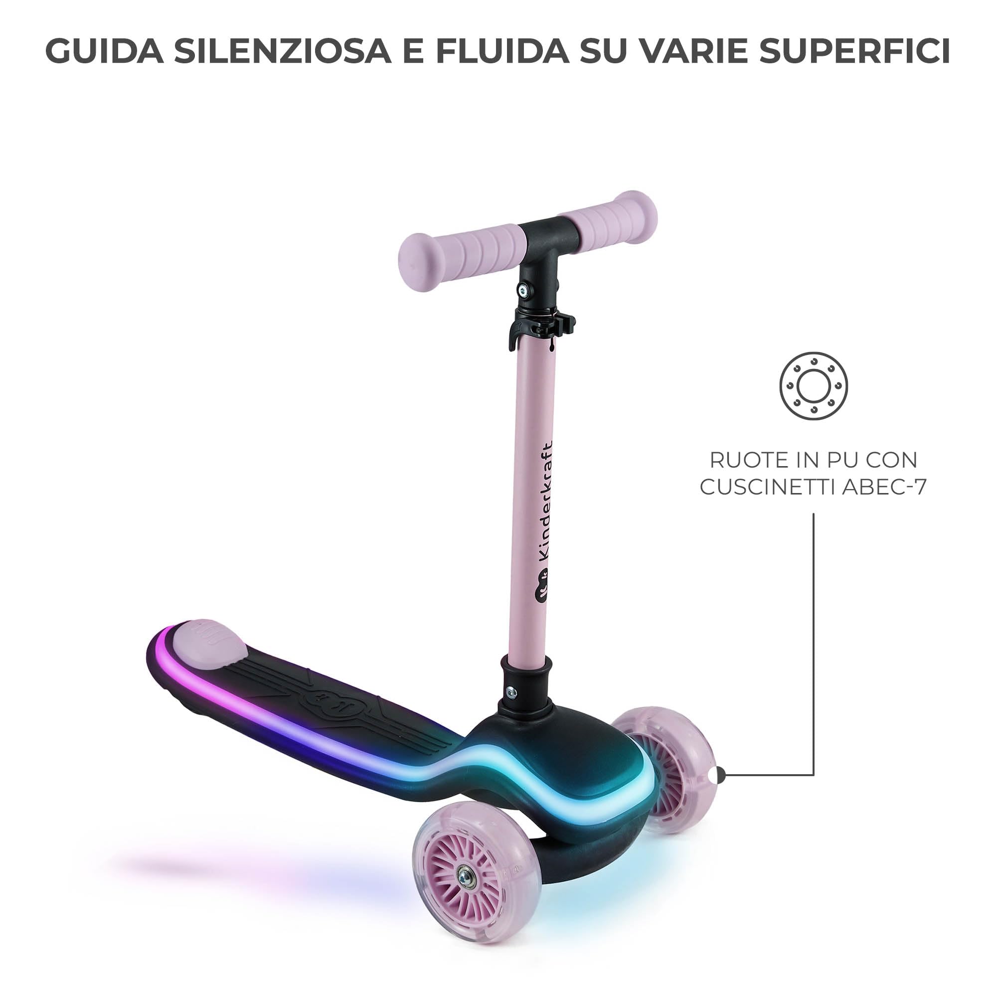 Kinderkraft RAKET Monopattino Bambini 2+ Anni a 3 Ruote con Luci LED RGB – Leggero e Pieghevole, Manubrio Regolabile, Sistema di Equilibrio, Freno Sicuro, Rosa