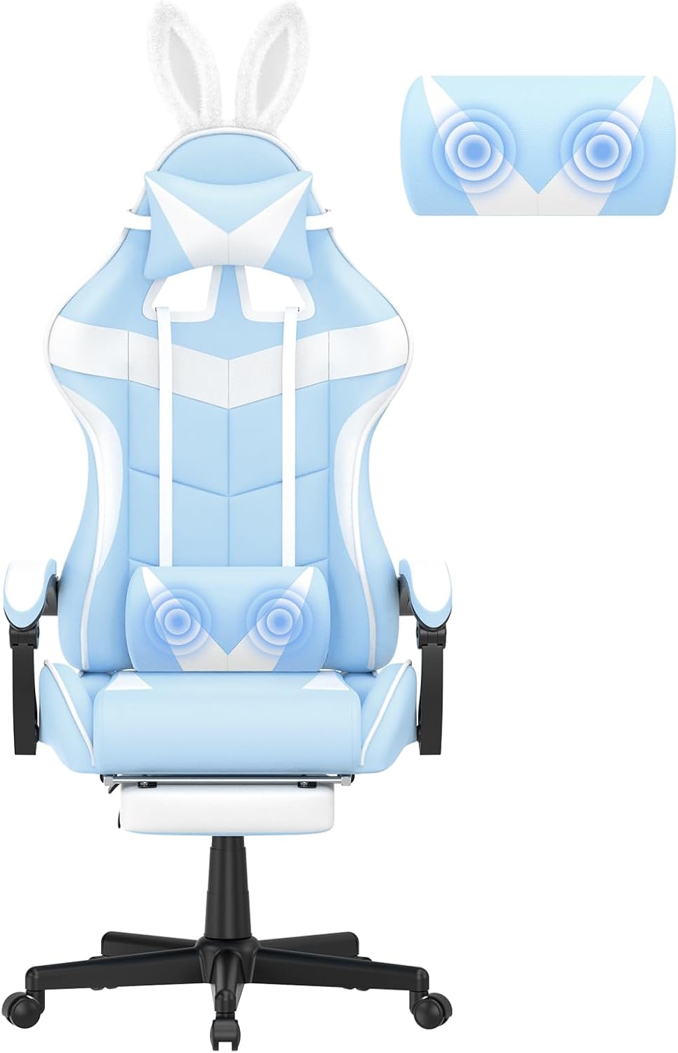 Huracan Gaming Computer Chair with Footrest, Adjustable Video Game Chairs for Adults, Heavy Duty Office Chair with Headrest and Lumbar Support, Baby Blue