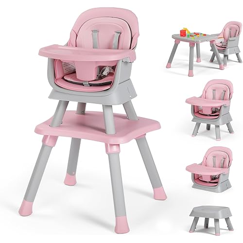 Kinder King 8 in 1 Baby High Chair, Coverts to Dining Booster Seat/Kids Table & Chair Set/Toddler Building Block Table/Kids Stool, Removable Tray & Double Seat Cover, Easy to Wipe, Grey & Pink