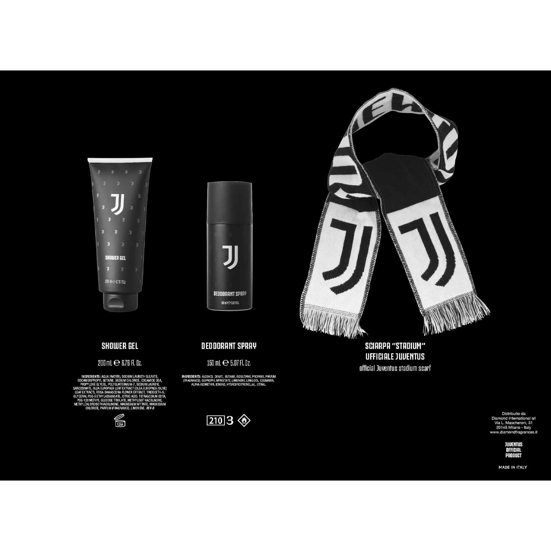 JUVENTUS | Confezione Regalo Uomo, Deodorante 150 ml + Docciaschiuma 200 ml + Sciarpa