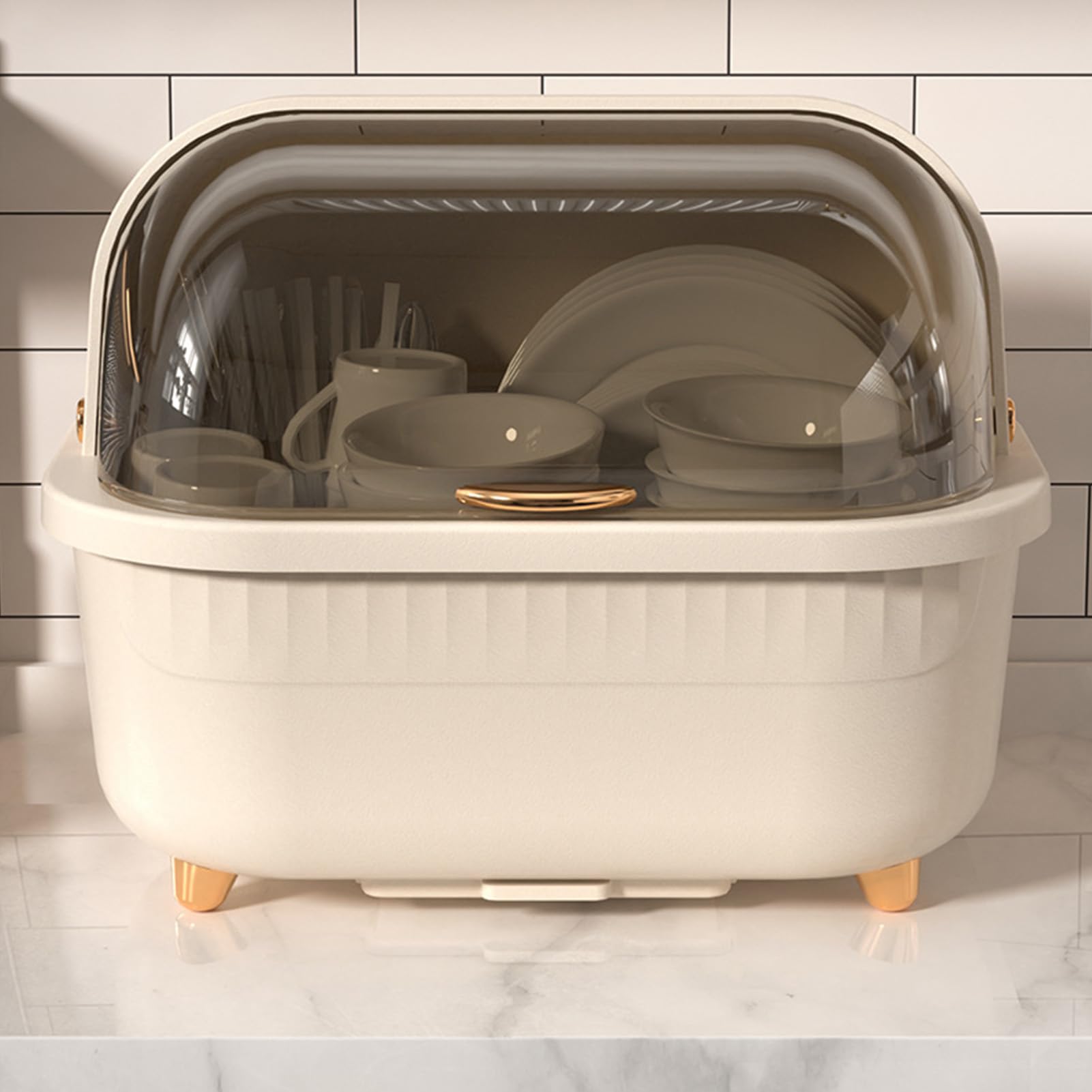 Escurridor de Platos con Tapa Caja de Secado de Platos de Plástico Escurridor de Platos Multifuncional para Ahorro de Espacio para Accesorios de Cocina (Albaricoque M)