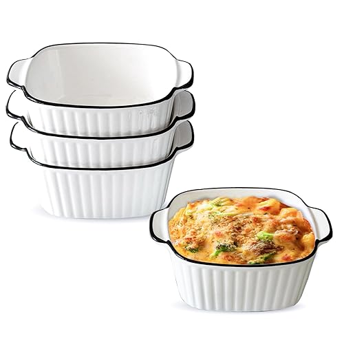 XIRYAER 15oz Small Baking Dish 4 Pack Square Ceramic Baking Dishs with Handles,Individual Ceramic Bakeware for Oven, Microwave & Dishwasher Safe