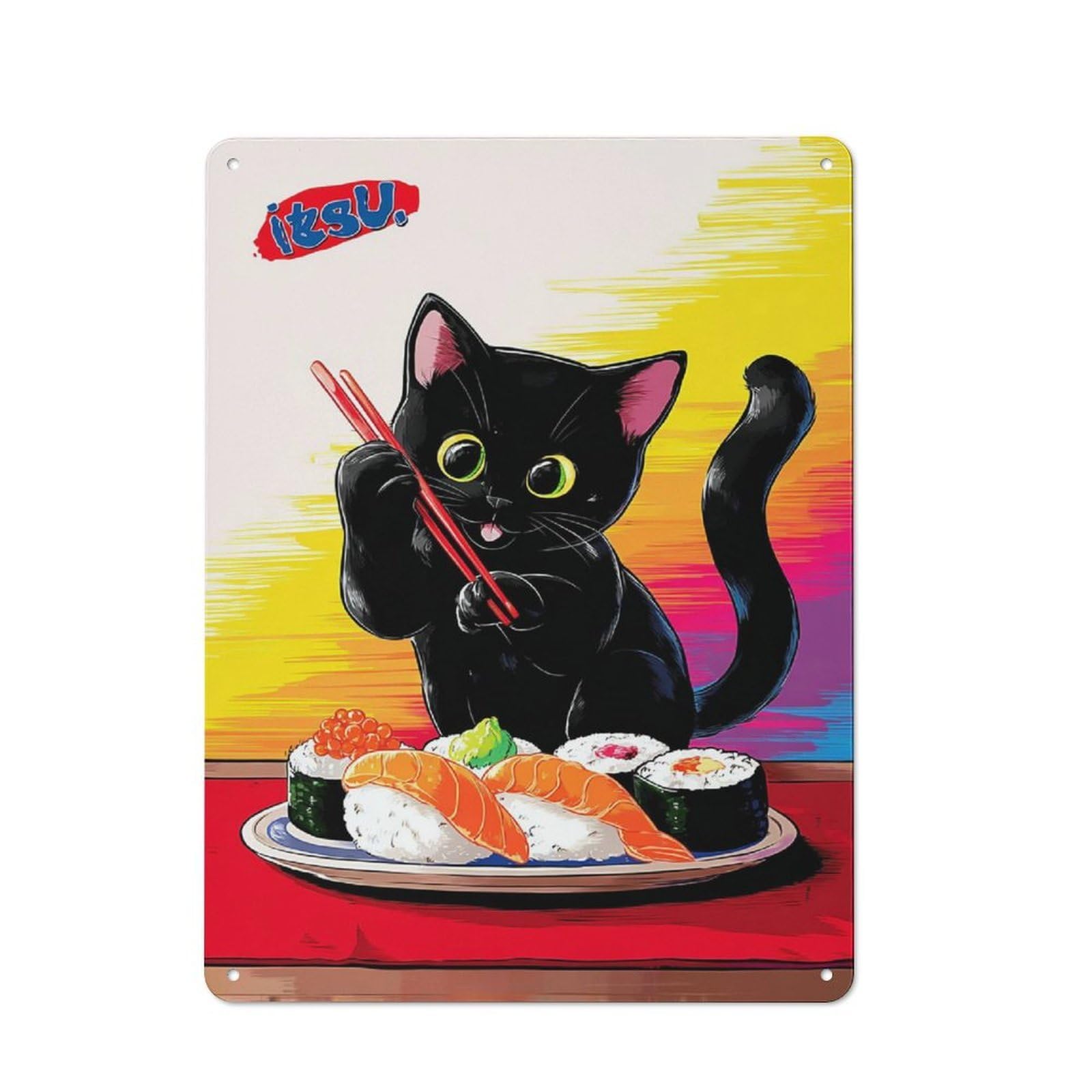 Junmoney Sushi Cat With Chopsticks -1 Metal Wall Sign 40X30cm Featuring For Bar Or Restaurant, For Restaurant Interior Fans