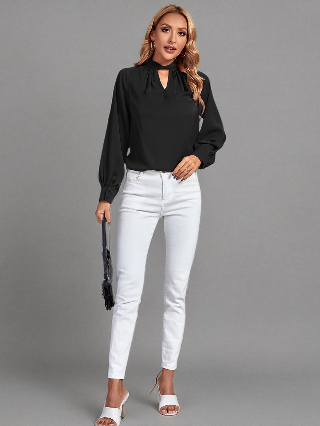 LYANER Women's Twist Hollow Out Front Mock Neck Keyhole Back Long Sleeve Office Blouse Shirt Top