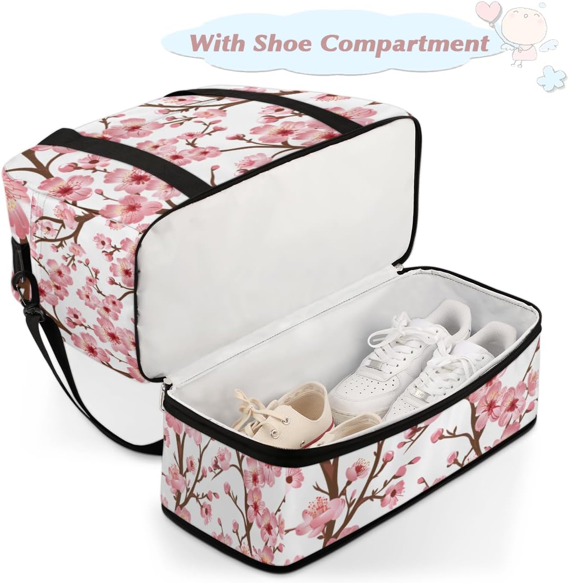 Foldable Travel Duffel Bag for Women, Overnight Weekender Bag Cherry Blossom Floral Carry on Duffel Bag Luggage Sports Gym Tote Bag with Shoes Compartment, Water Rresistant Shoulder Bag