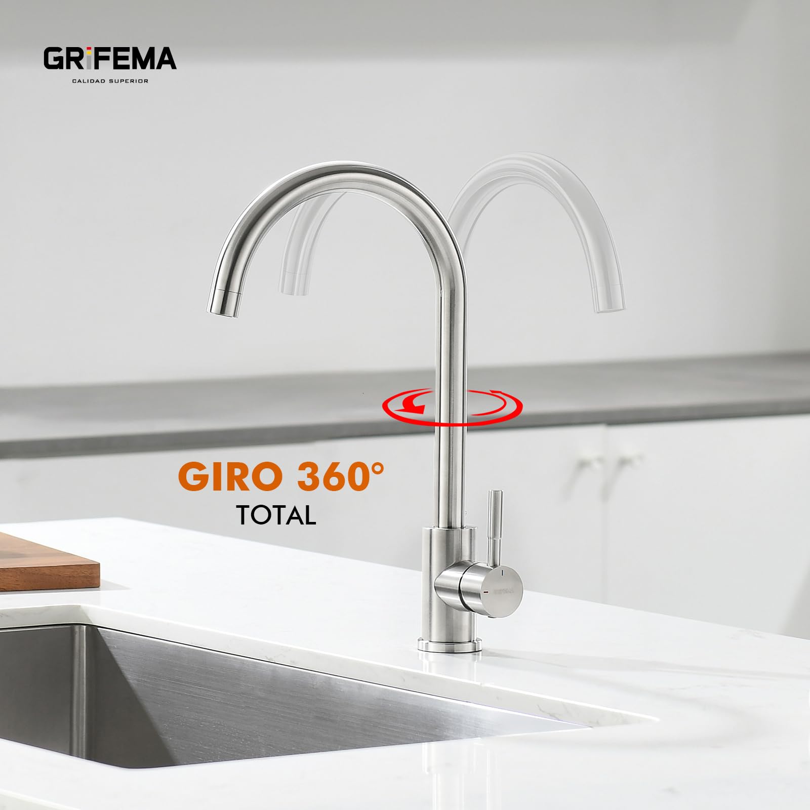 GRIFEMA Irismart G4008 Grifo de Cocina Alto con Caño Giratorio, Mezclador de Fregadero, Cold Start, Ahorro de Energía, Acero Inoxidable [Exclusivo en Amazon]