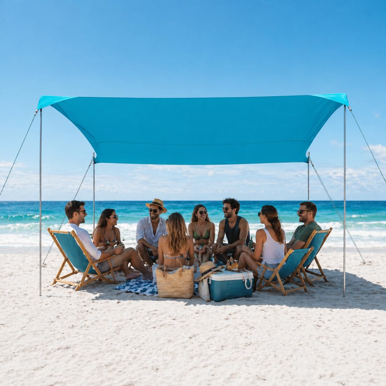 EasierHike Tente de plage, 3 x 3 m, portable, facile à déplier, protection solaire UPF50+, coupe-vent et imperméable, stable avec 4 sacs de sable et cordons coupe-vent, parfaite pour la famille