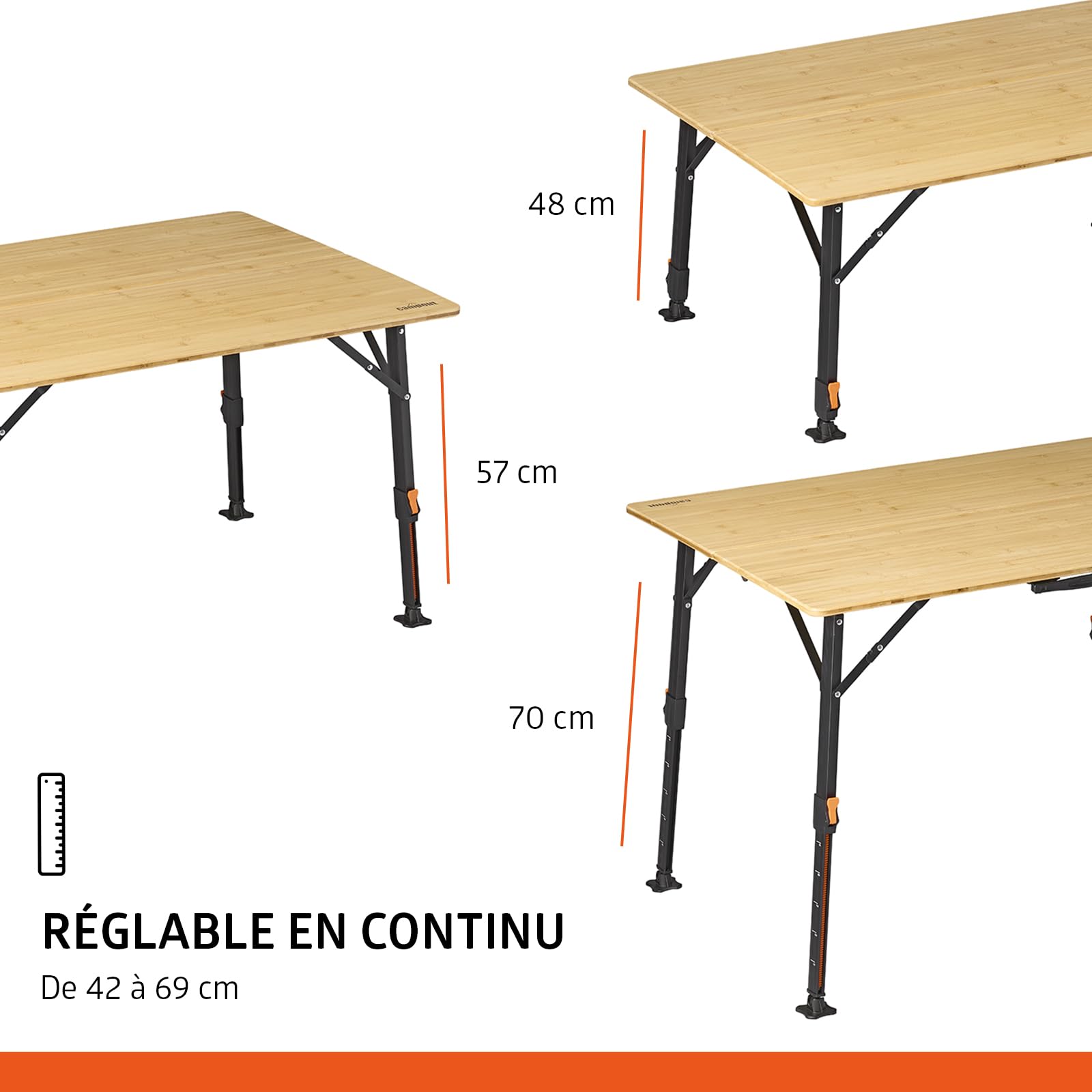 Campout Table de Camping Pliante 120 x 70 x 70 cm – Table Pliante Extérieur Réglable pour 6 Personnes – Poignée Intégrée – Bambou