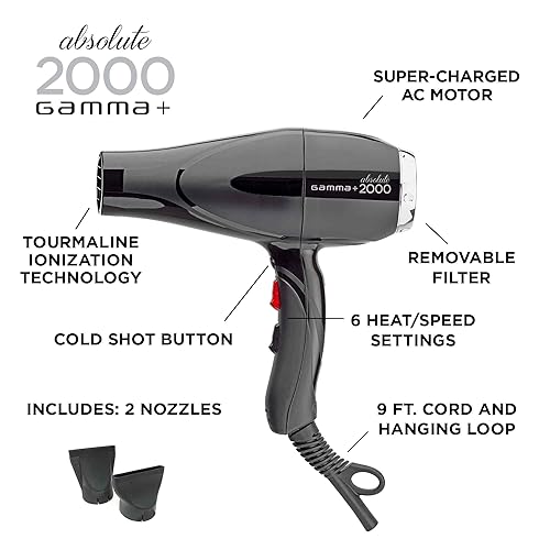Miniatura 2 de Gamma+ Absolute Power and Absolute 2000 - Secador de pelo profesional de turmalina iónico unisex con 2 boquillas concentradoras