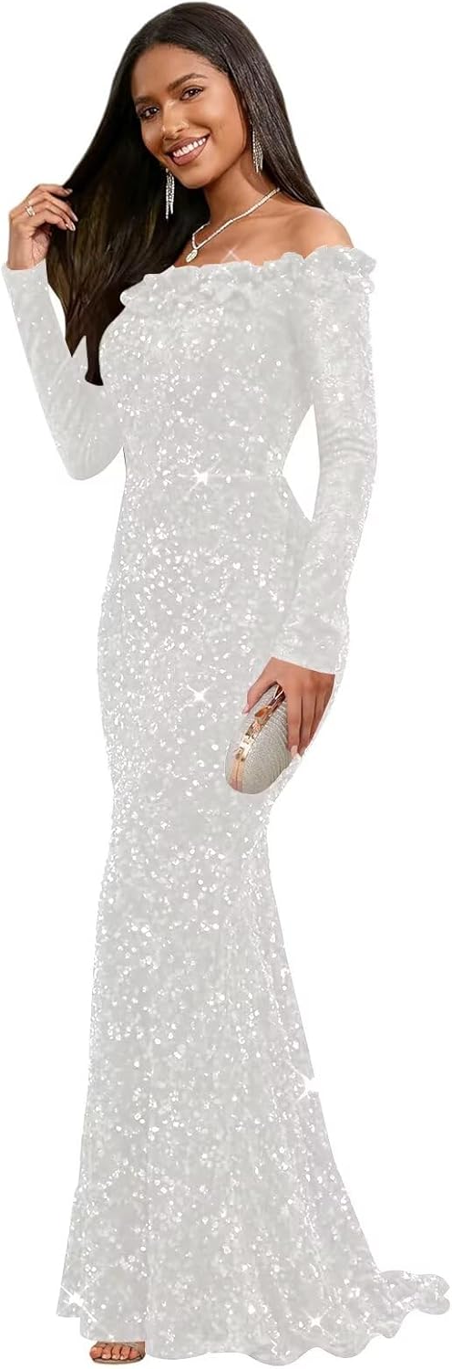 Women’s Sparkly Sequin Mermaid Prom Dress Off The Shoulder Long Sleeves Formal Evening Gown