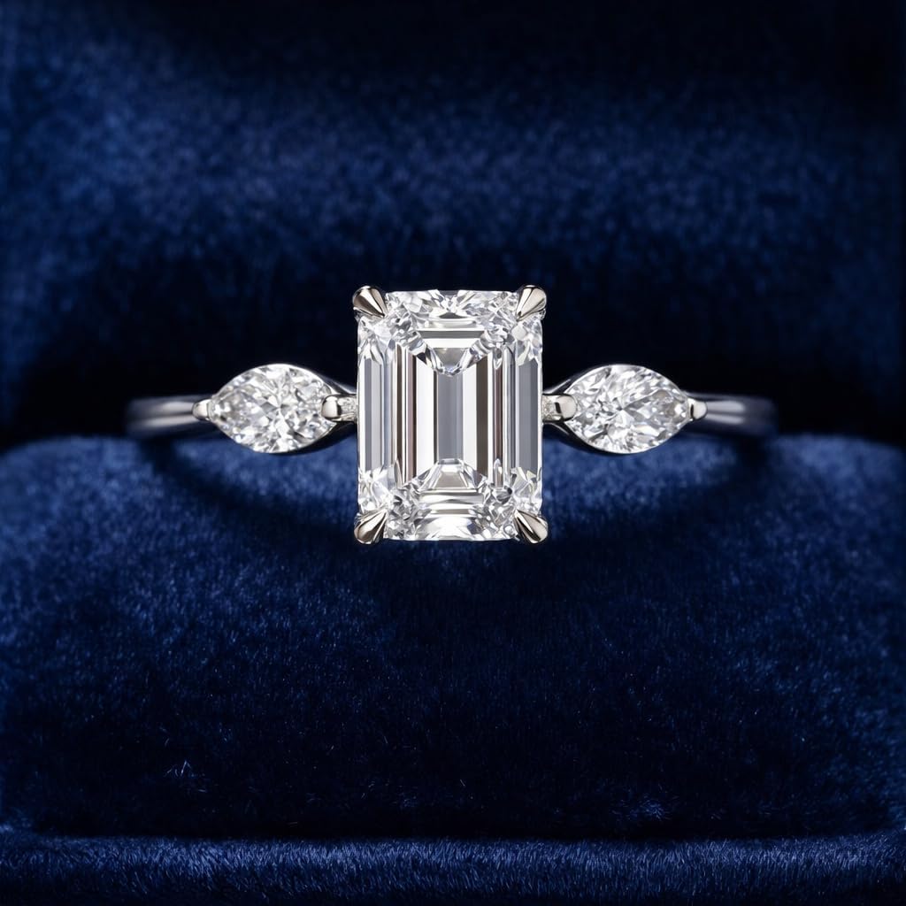 Emerald Cut Moissanite Three Stone Engagement Ring for Women 14K White Gold Marquise Side Stone Solitaire Promise Ring Fine Jewelry Gift