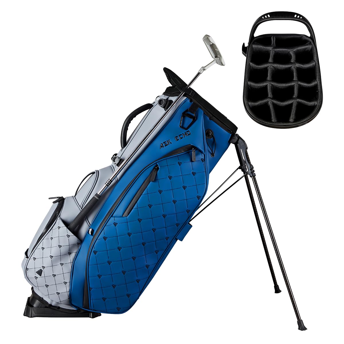 ASK ECHO Golf Prestige-14 Way Full Length Hybrid Stand Bag – Premium Leather, External Putter Clip (Navy Grey)