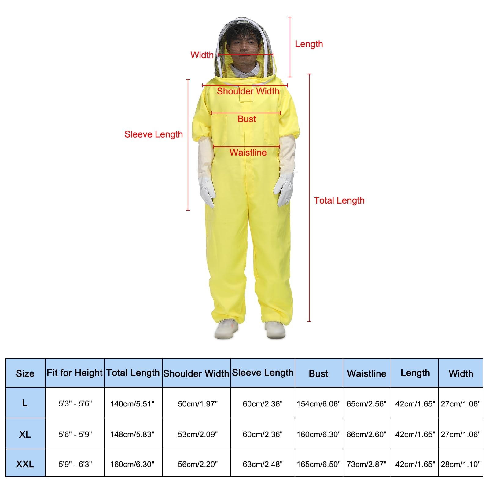 QUARKZMAN Tuta da Apicoltore per Uomo e Donna XL con Guanti e Velo (Giacca, Pantaloni, Guanti) Tute da Apicoltore per Adulti Principianti e Professionisti per Apiario, Giallo