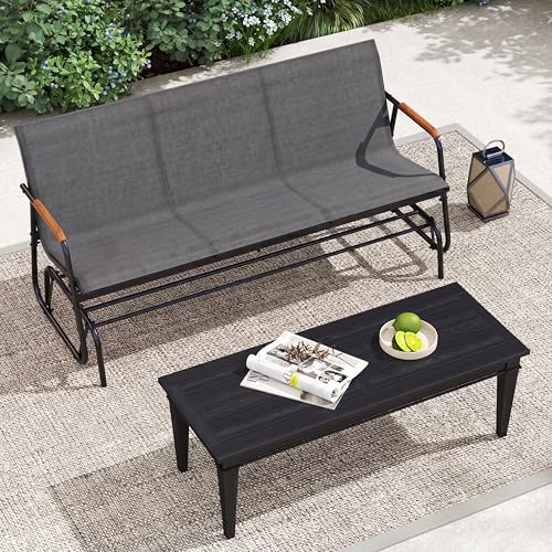 Image of Giantex Patio Glider, 3-Person Swing Gliding Loveseat with Curved Teak Armrests, Fabric Seat, Metal Frame, Load 990lbs, Outdoor Rocking Chair for Porch, Yard, Poolside,Grey