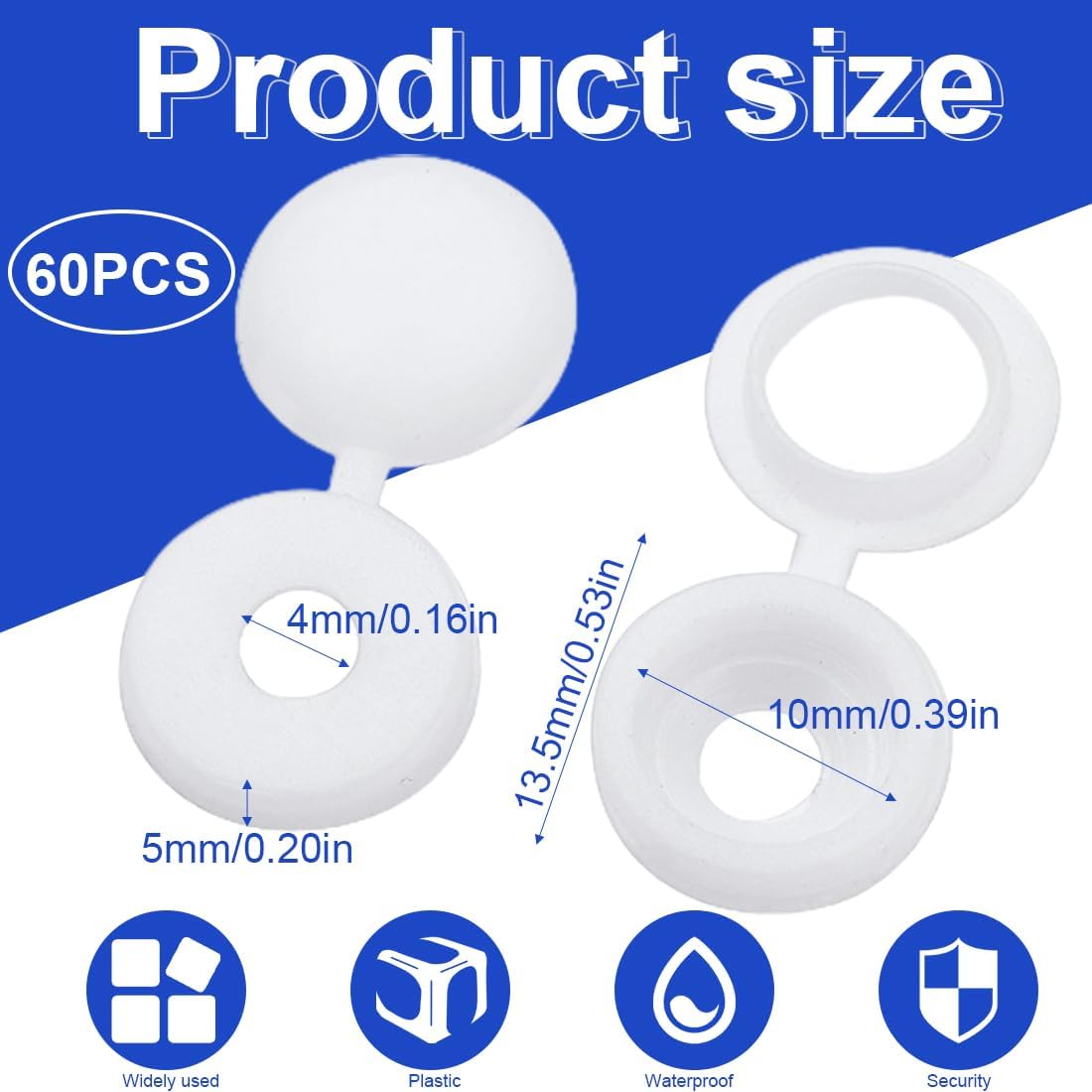 60 Screw Hole Caps for Furniture, Plastic Covers (White, Fits #6/8 Screws)