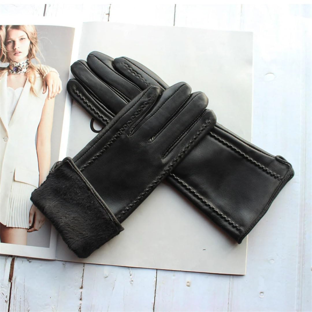 Damen Winter Style Leder Schaffell Handschuhe Mittellange Streifen Plus Fleece Warme Handschuhe Dunkelbraun 7 12