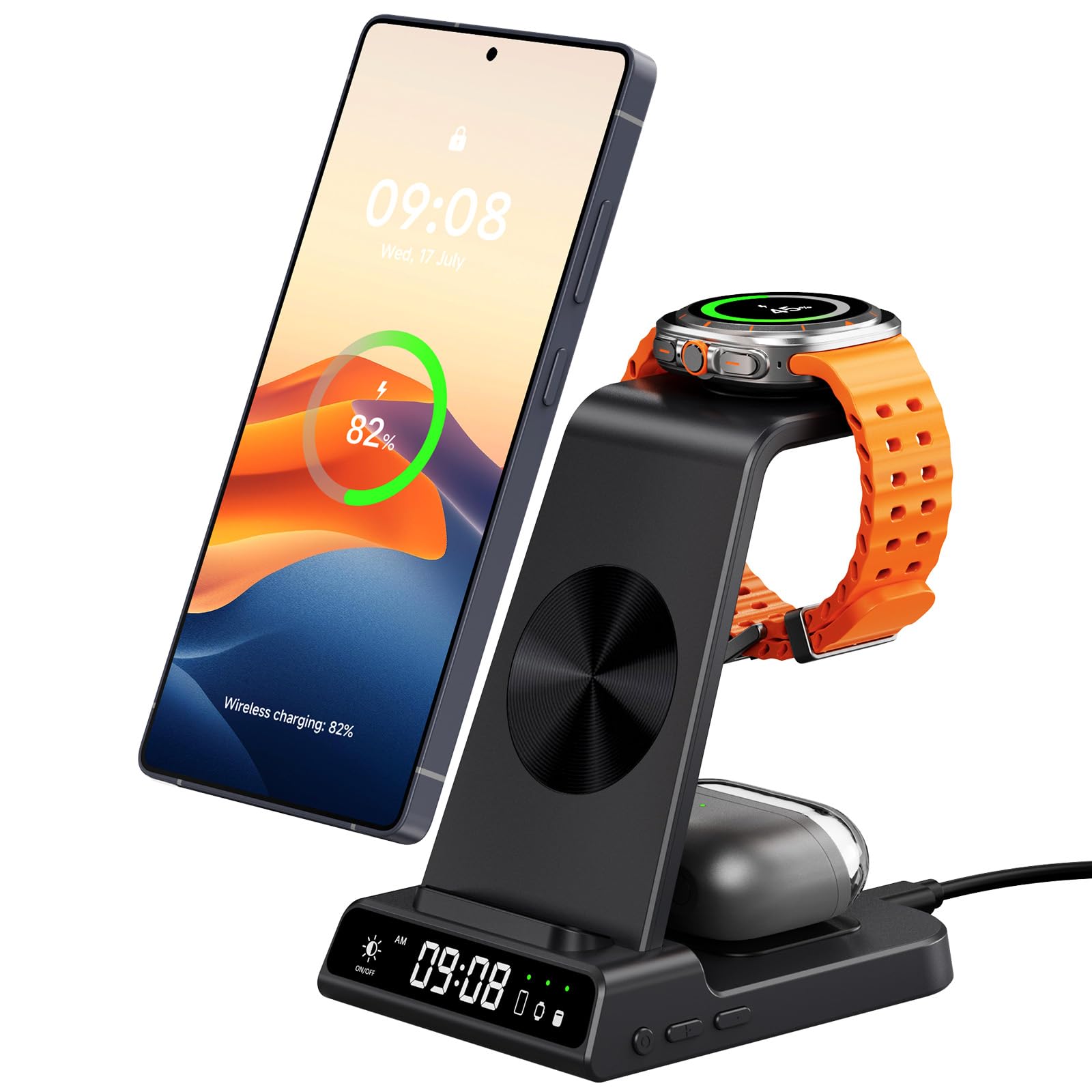 Wireless Charger for Samsung Devices, Wireless Charging Station for Galaxy S25 Ultra/S25+/S25/Z Flip7/Z Fold/S24 Ultra/S23/S22/S21, for Galaxy Watch 8/8 Classic/7/Ultra/6/5 Pro/5/4, Galaxy Buds3 Pro