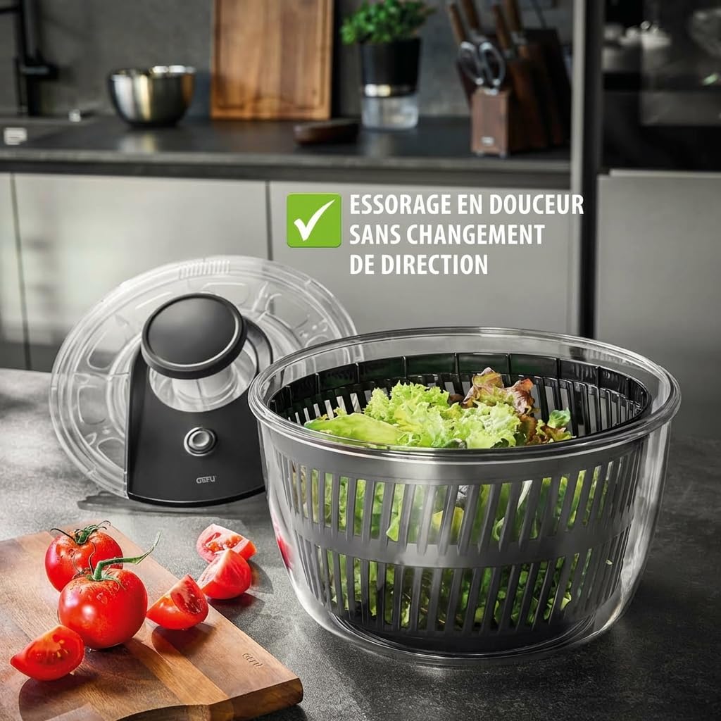 GEFU Essoreuse à Salade Rotative 5L - Sèche-Laitue avec Mécanisme Push | Bol de service transparent avec bouton stop, anneau antidérapant et passoire amovible, compatible lave-vaisselle