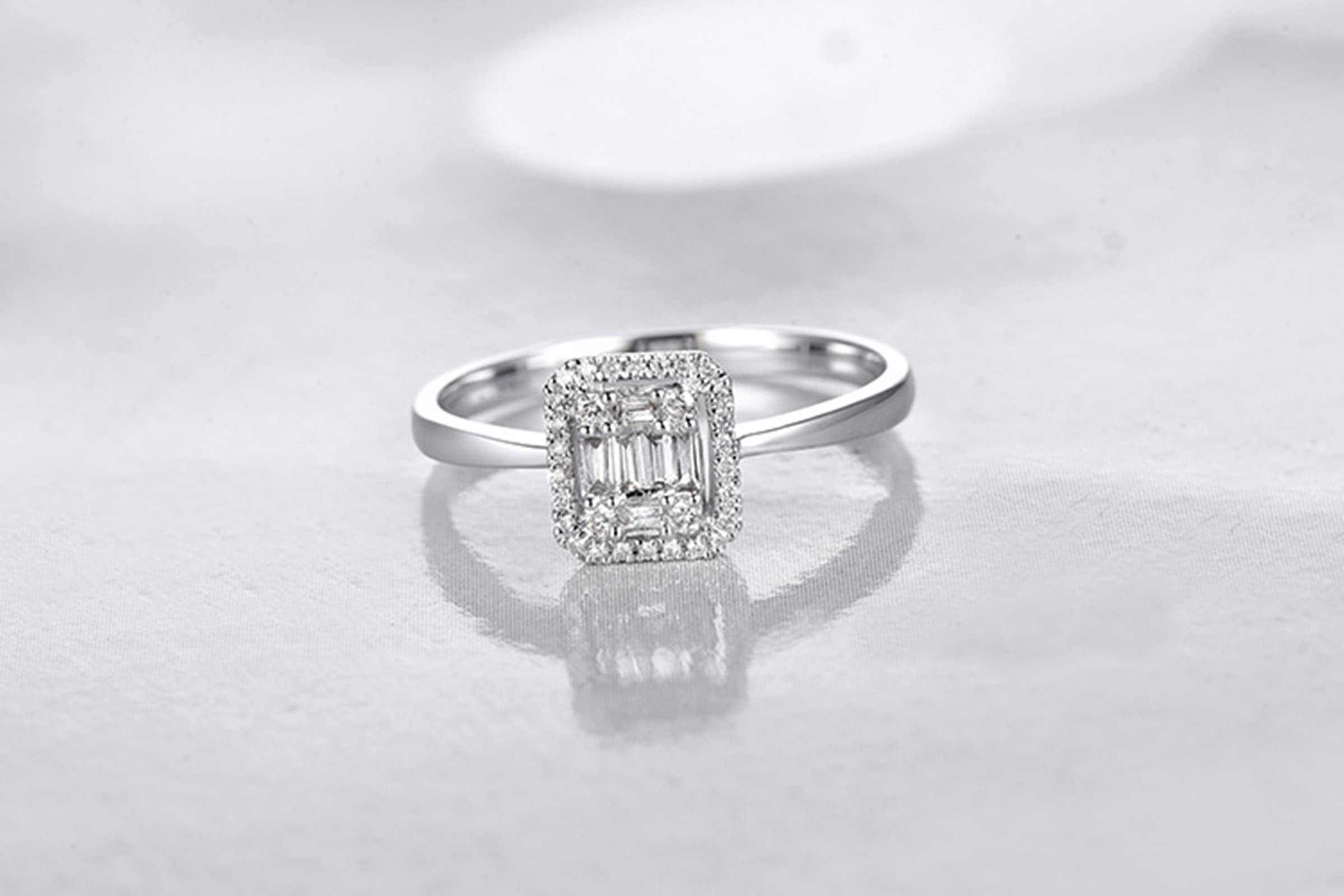 Ring Gold 750 Verlobungsring Damen 18 Karat Weißgold, Engagement Ring Silber Rechteck Diamant Verlobungsringe