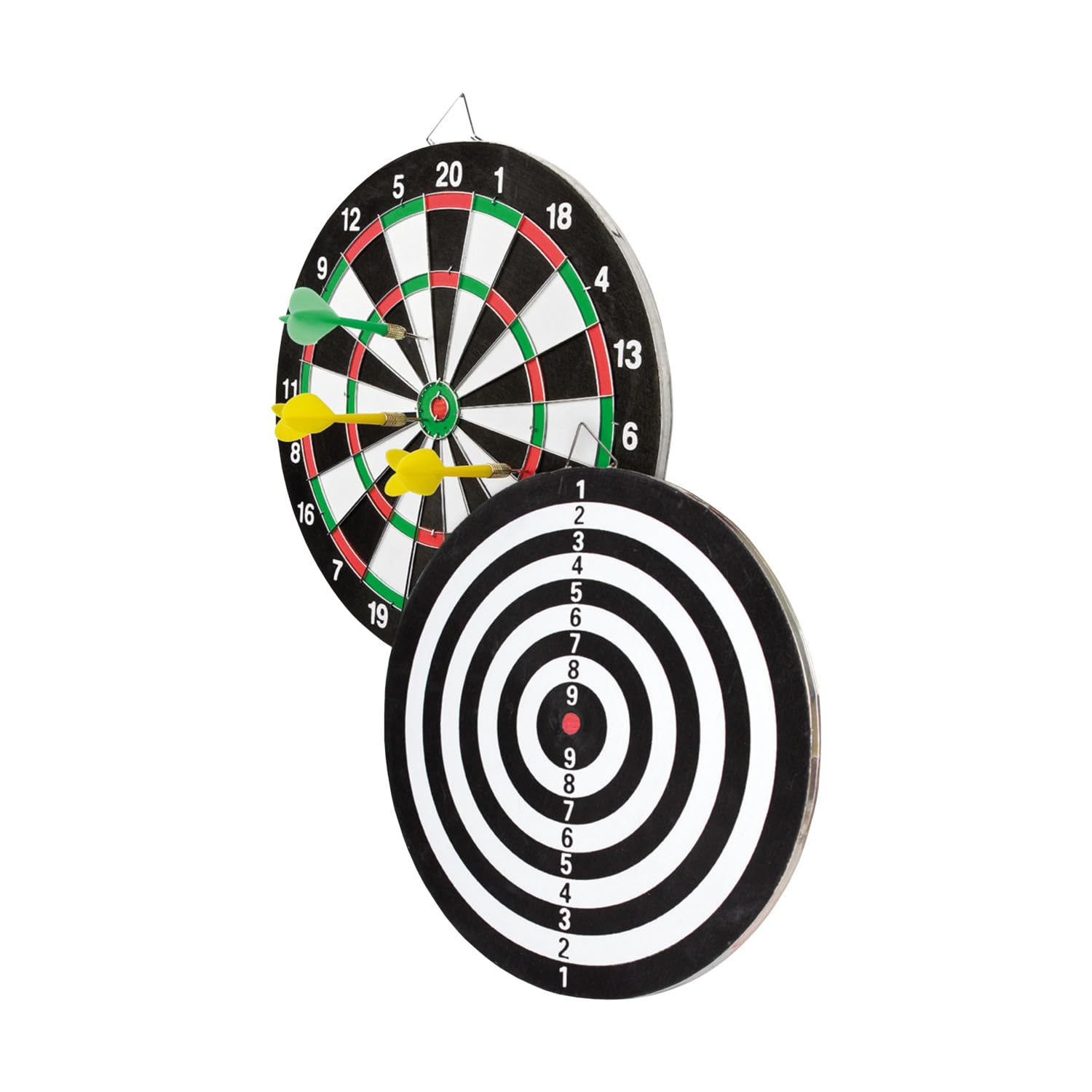 Idena 40375 - Diana para Colgar, Diana con 2 Caras, diámetro 29 cm, Incl. 6 Dardos en Verde y Amarillo e Instrucciones de Juego