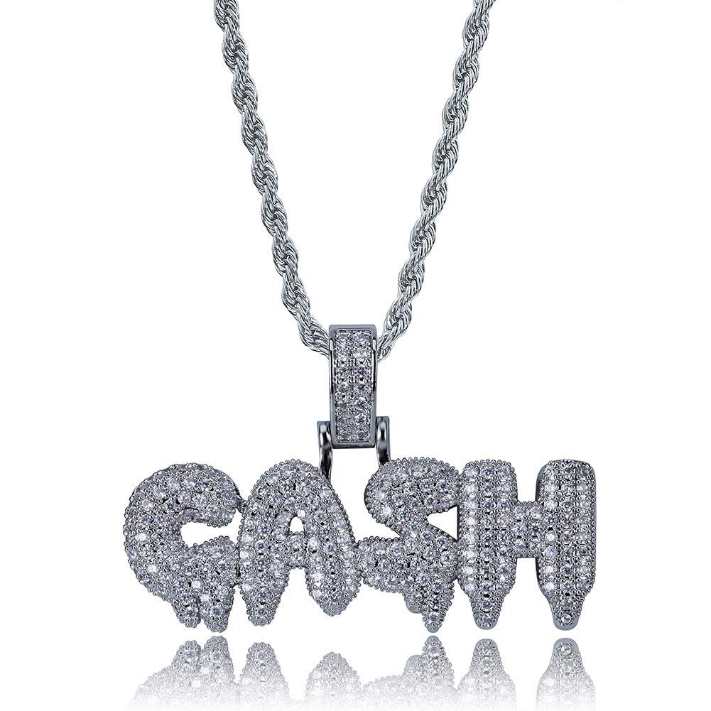 KMASALMoCa Micropave Simulated Iced Out Bling Dripping Letters Savage Pendant with Rope Cuban Link Chain Hip Hop Necklace silver