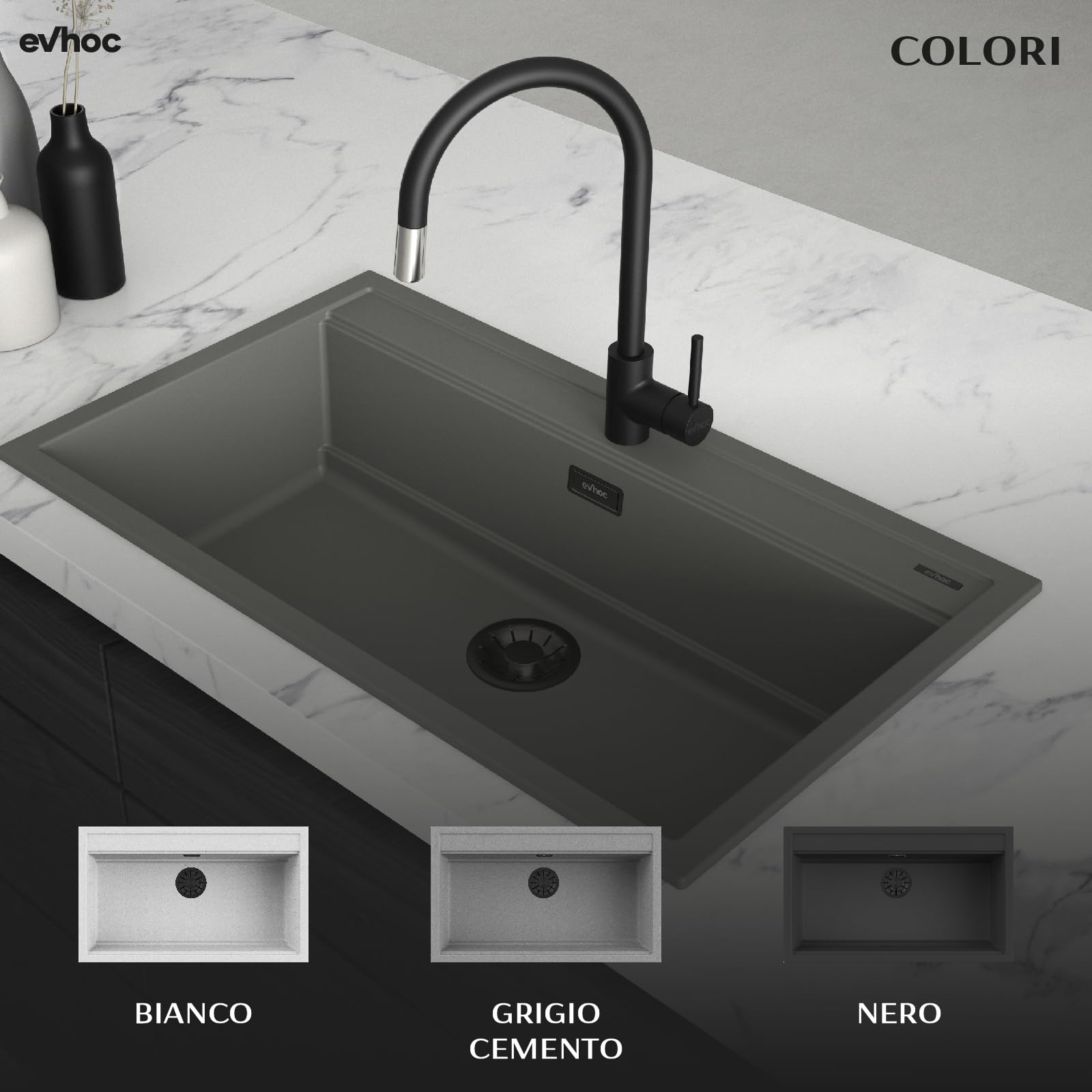 EVHOC Lavello Sopratop 86x51 cm 1 Vasca, Piletta Nera, Grigio, DESIDERATA L