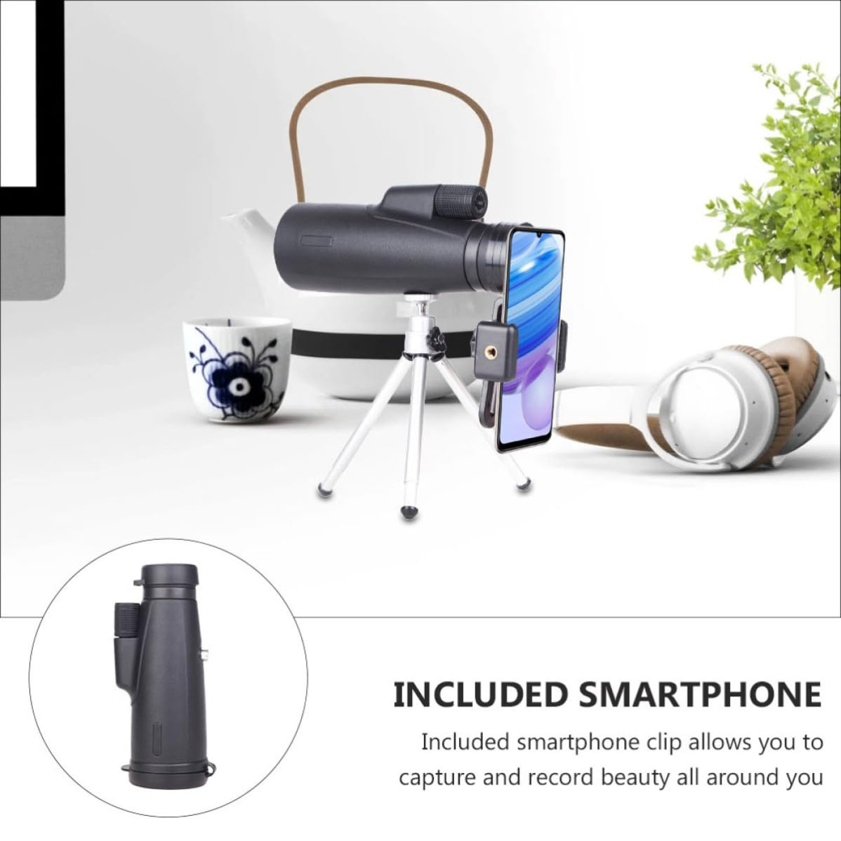 Monocolo 12x50 in Metallo Nero per Smartphone, Ottica di Qualità | Clip per Telefono Inclusa, Uso Outdoor, Alta Definizione e Resa Colori Accurata