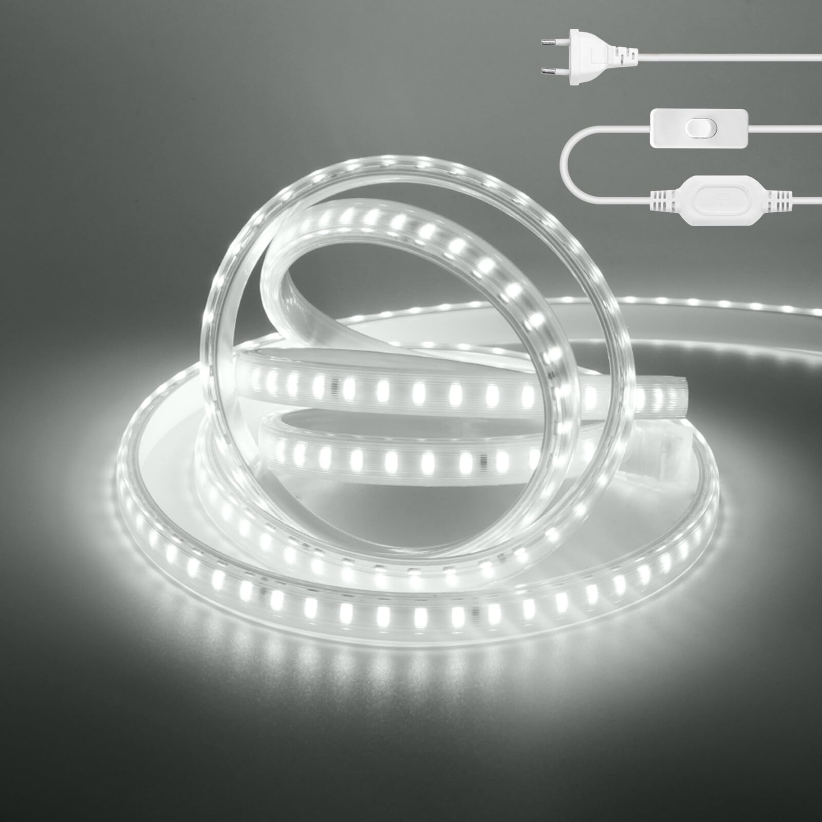 220V Tira LED con encendido/apagado [35m, Blanco 6000-6500K],flexible e impermeable IP65,SMD2835,120 LEDs/m Guirnaldas luminosas recortable CRI85+,iluminación decorativa para el hogar