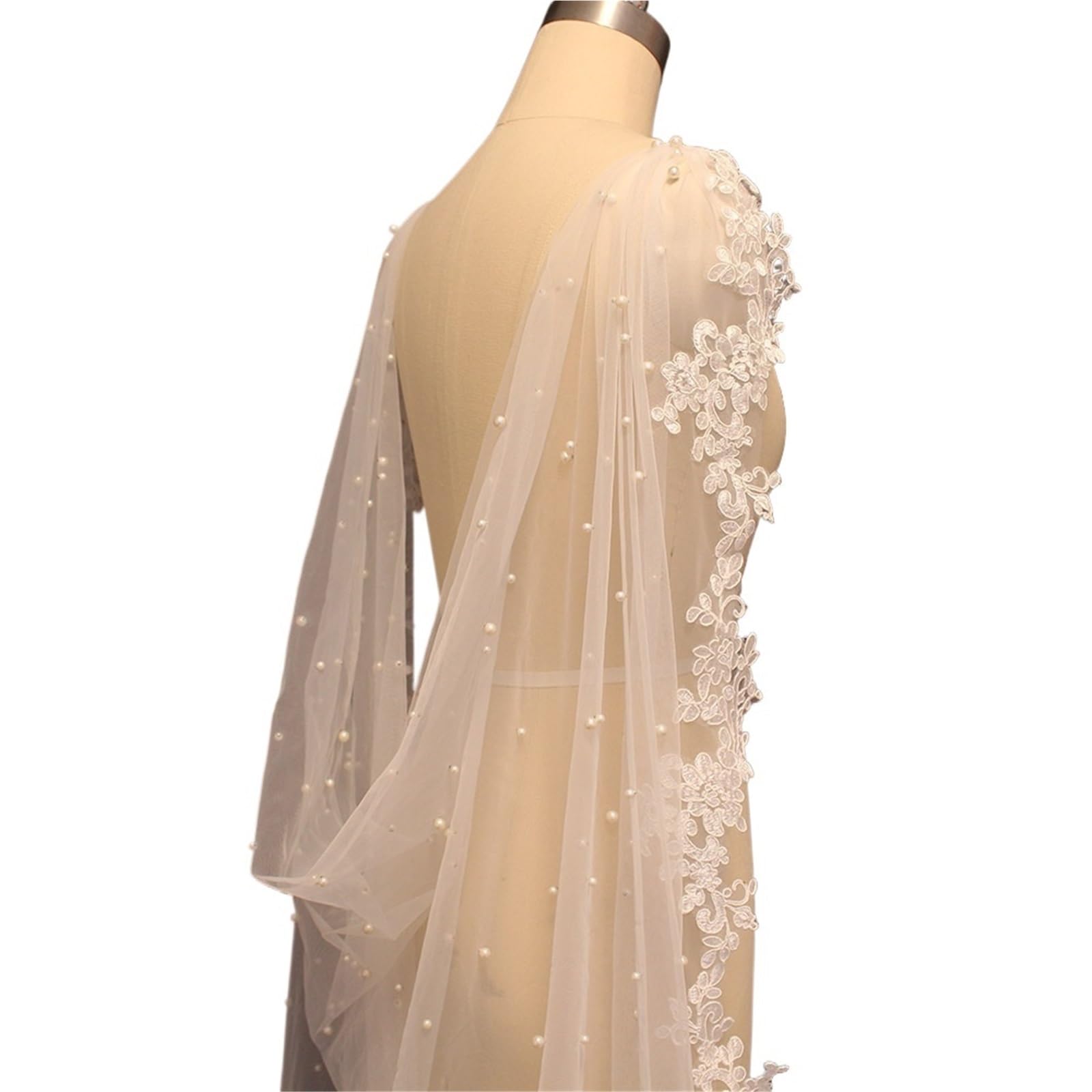 Chal Boda para Mujer Capa de Encaje Nupcial con Perlas: Chaqueta de Novia de 2,5 m con Ribete de Encaje, Color Blanco(300cm)