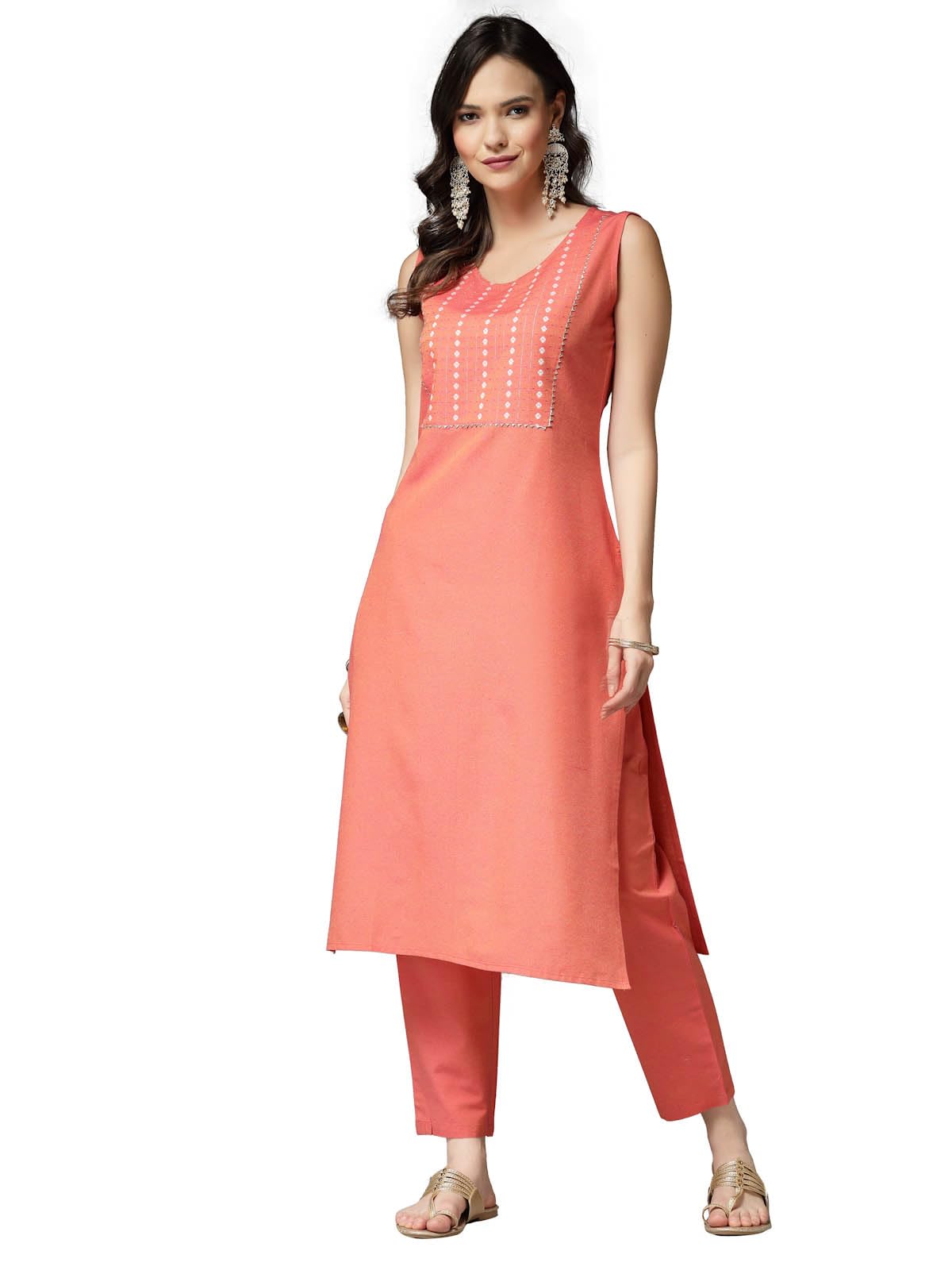 StylumWomen's Woven Designed Cotton Blend Straight Kurta Pant Set (KPXCORALJIVIKA_Coral)