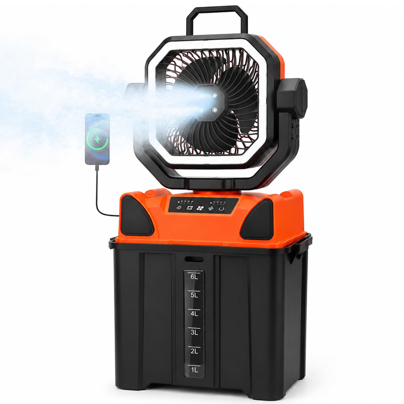 Denash Ventilateur de Camping Rechargeable, Ventilateur Brumisateur alimenté par Batterie de 20 000 MAh avec Seau de 6 L, Lumière LED et Télécommande, de Refroidisseme