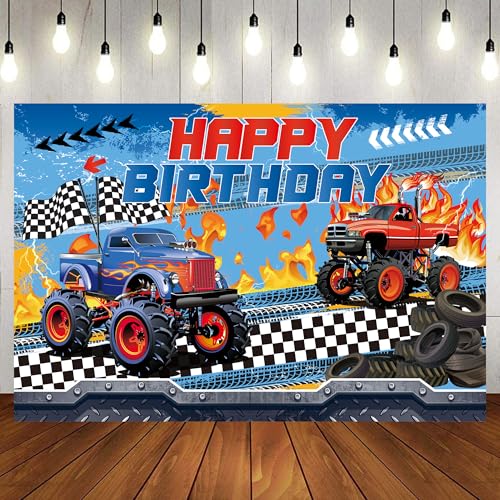 Image of Monster Truck Party Decorations, Monster Truck Birthday Party Backdrop Supplies, Monster Truck Happy Birthday Backdrop for Kids Birthday Party Decoration