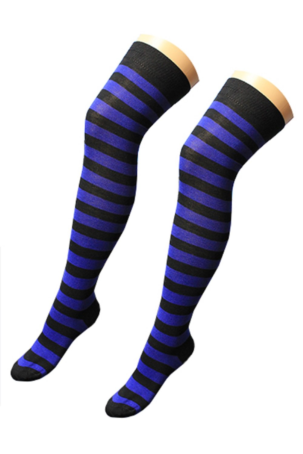 Crazy Chick New Womens Over The Knee Long Horizontal Stripe Print Ladies Thigh High Striped Patterned Overknee Socks By Angies Fashion Ltd (black/blue stripes)