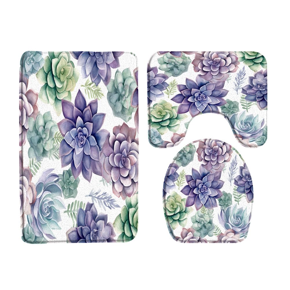 VPUPCN Succulent Plant 3 Pcs Bath Rugs Set,Cactus Tropical Desert Botanical Boho Floral Exotic Bathroom Kitchen Rug with 16