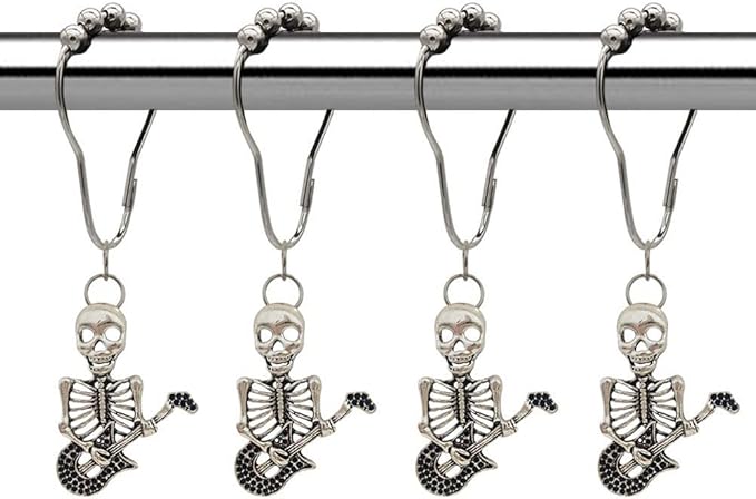 Skull Shower Curtain Hooks for Home Bathroom Decor, Rust-Proof Shower Curtain Hook Ring Hanger Set of 12 with Vintage Skeleton Haunted House Decorative Bathroom Hardware (Silver)