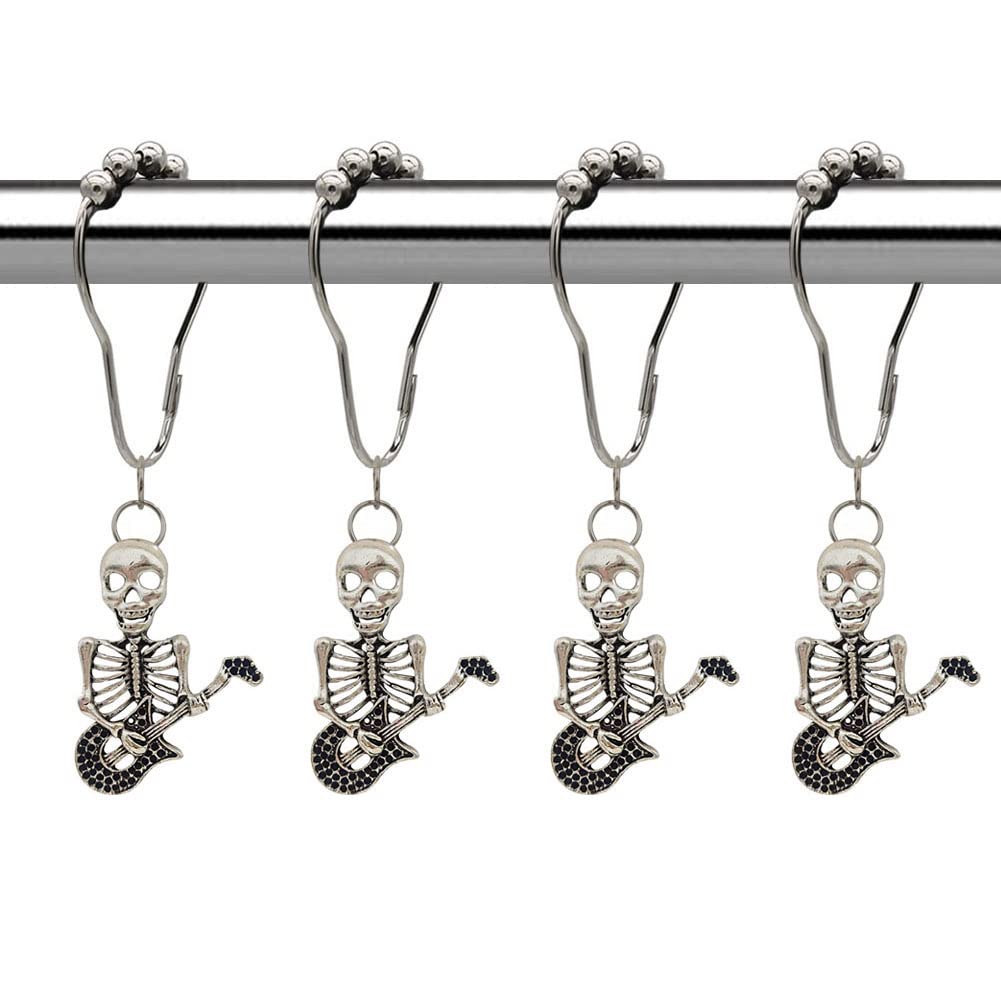 Skull Shower Curtain Hooks for Home Bathroom Decor, Rust-Proof Shower Curtain Hook Ring Hanger Set of 12 with Vintage Skeleton Haunted House Decorative Bathroom Hardware (Silver)